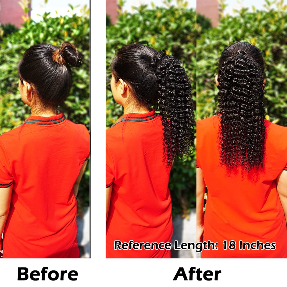 Adette 20 Inches Curly Ponytails Human Hair Drawstring Ponytail Extension Kinky Curly Clip in Pony Tail Hair Extensions Hair Pieces for Black Women Natural Black