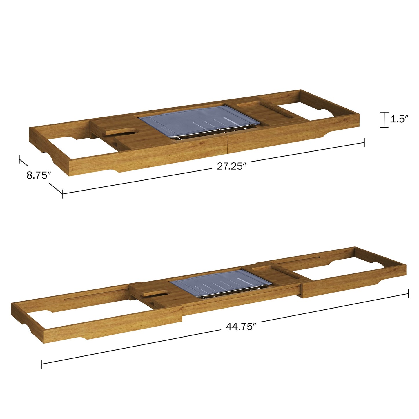 Acacia Bathtub Tray - Natural Wood Tray with Extended Sides, Wine Glass Holder, Book, Phone, or Tablet Rest - for Bath Accessories by Home-Complete