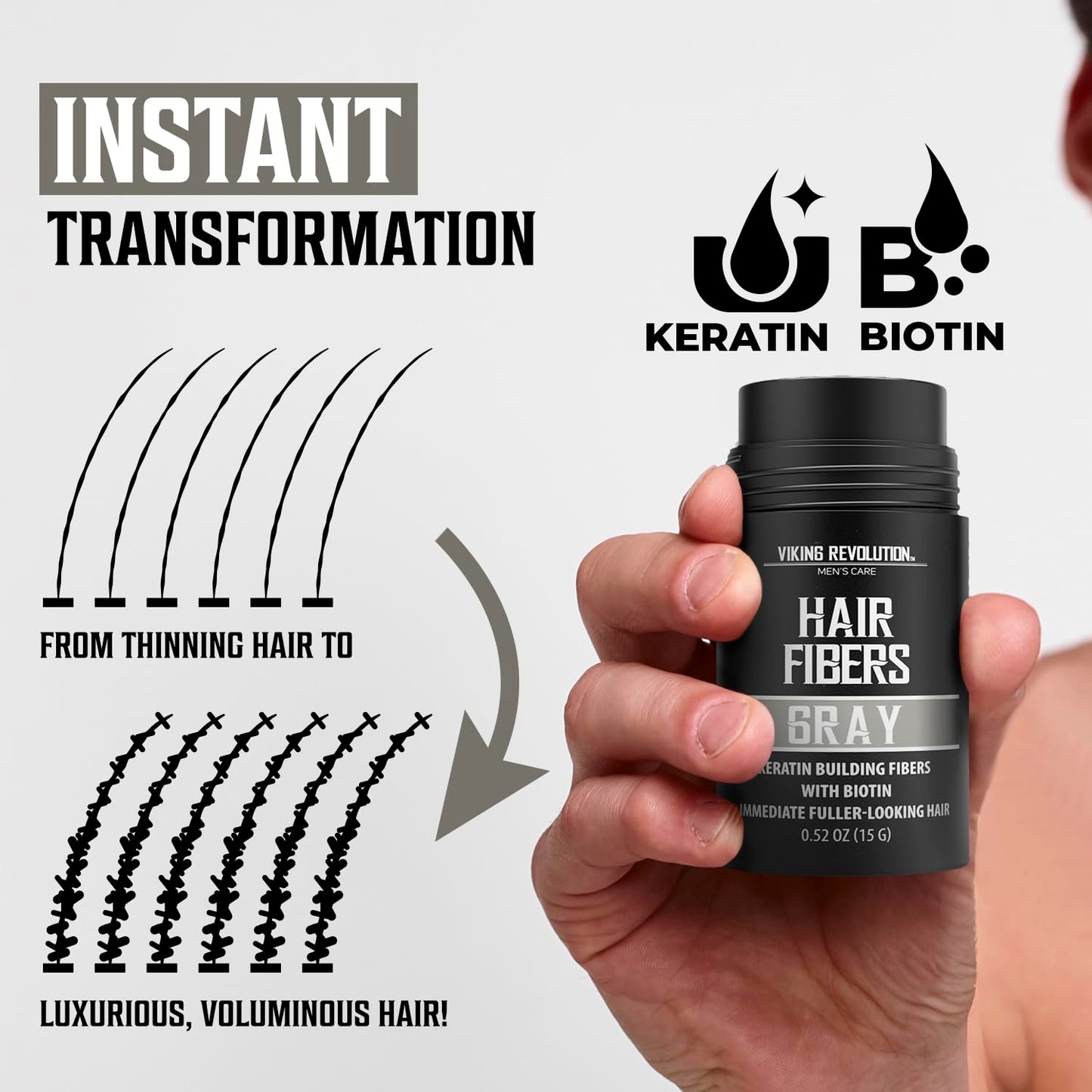 Viking Revolution Gray Hair Fibers for Thinning Hair Men - Thick Fiber for Bald Spot Cover Up - Hair Building Fibers with Kerating and Biotin - Hair Fiber for Men for Thicker and Fuller Look (0.52oz)