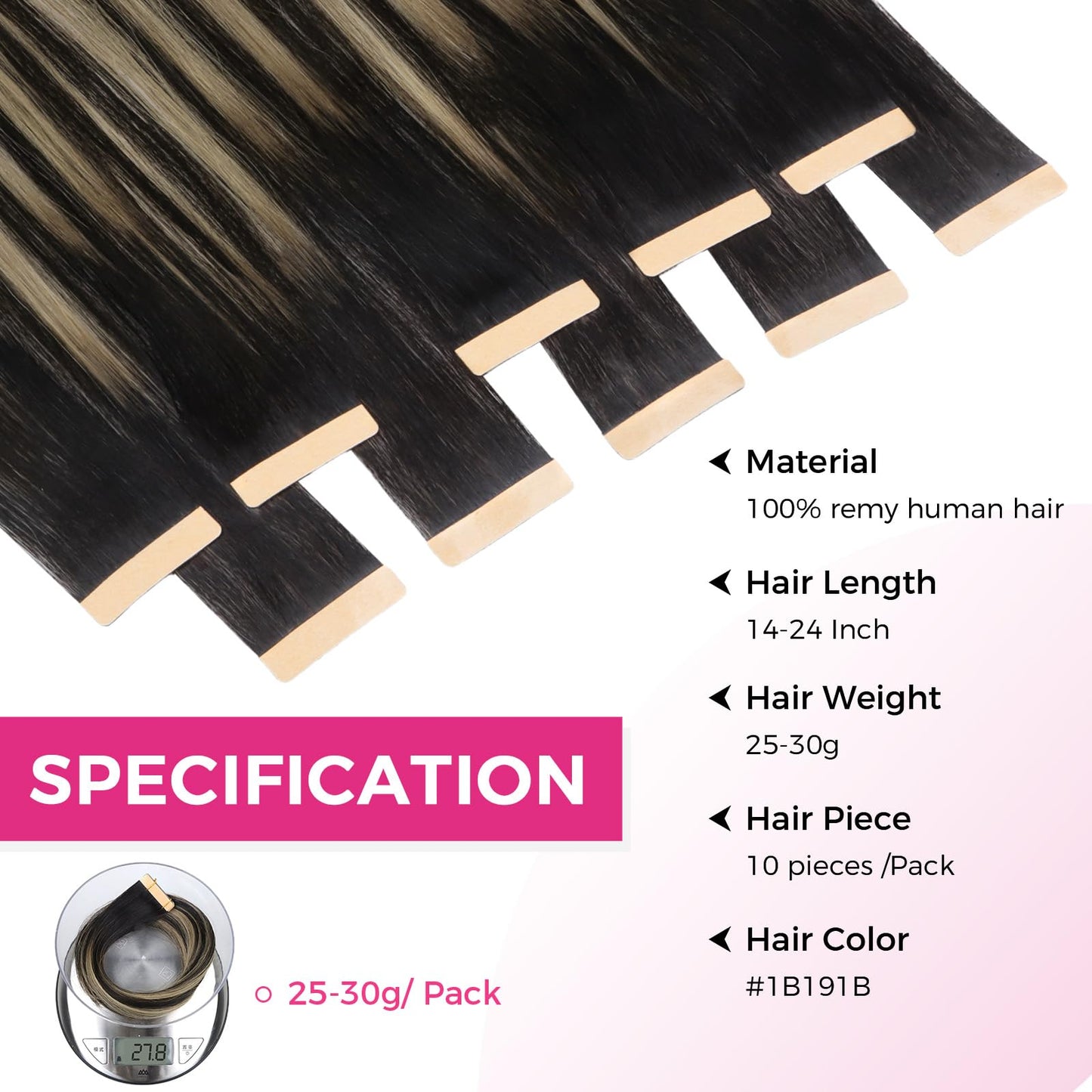 Lashey Tape in Hair Extensions 25g 10pcs 16 Inch Straight Balayage Natural Black to Light Blonde Highlighted Hair Extensions Tape in Hair for Women