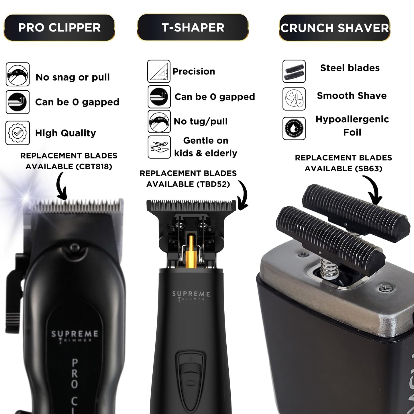Supreme Trimmer 3-in-1 Barber Bundle | Pro Clipper, T-Shaper Trimmer & Crunch Foil Shaver | Professional Beard Trimmer Men’s Hair Clipper Kit | Black