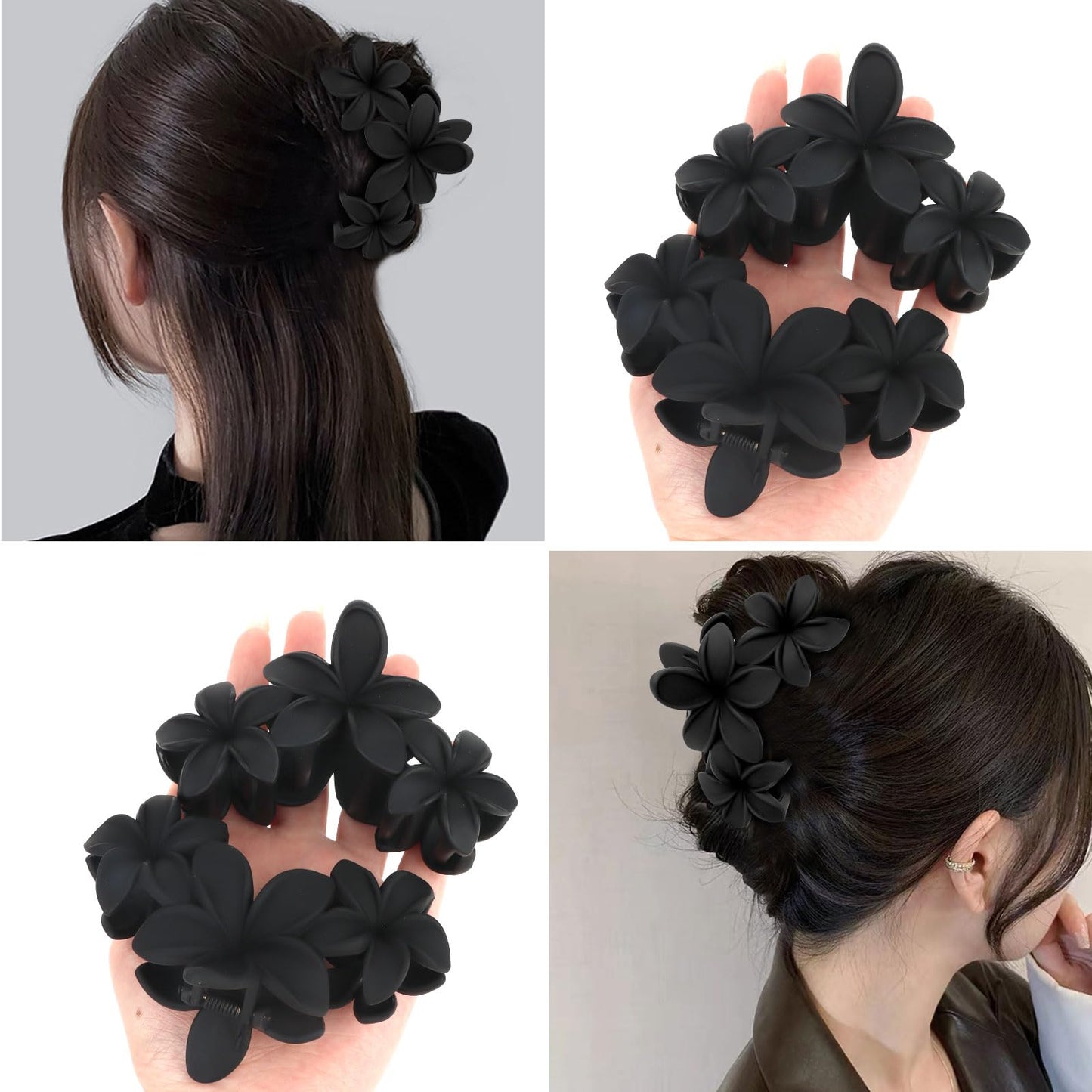4PCS Matte Flower Hair Clips - Non-Slip Large Plumeria Clips for Thick Hair, Strong Hold for Women and Girls (Black)