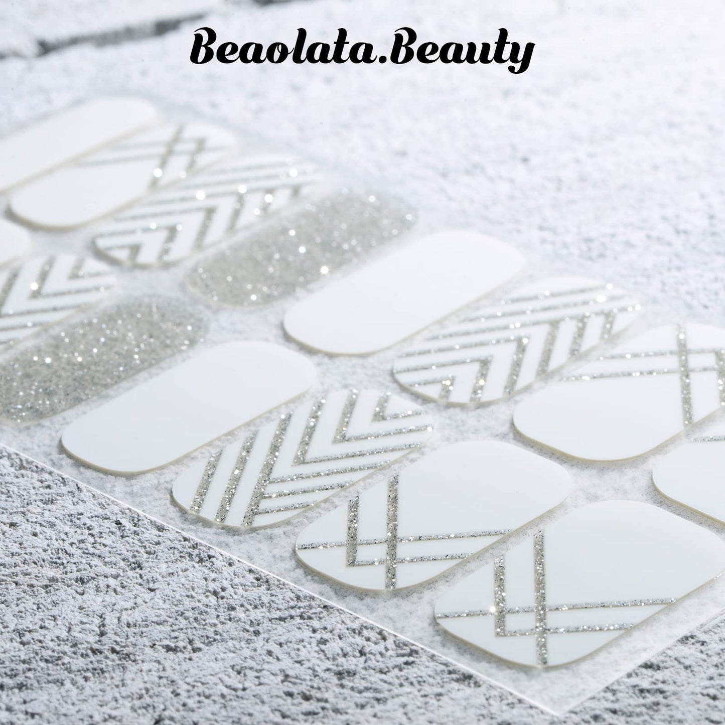 Beaolata Nail Polish Strips, 32PCS Salon Quality Wraps, Long Lasting Gel Nail Stickers for Women Easy Apply& Remove (Silver&line)