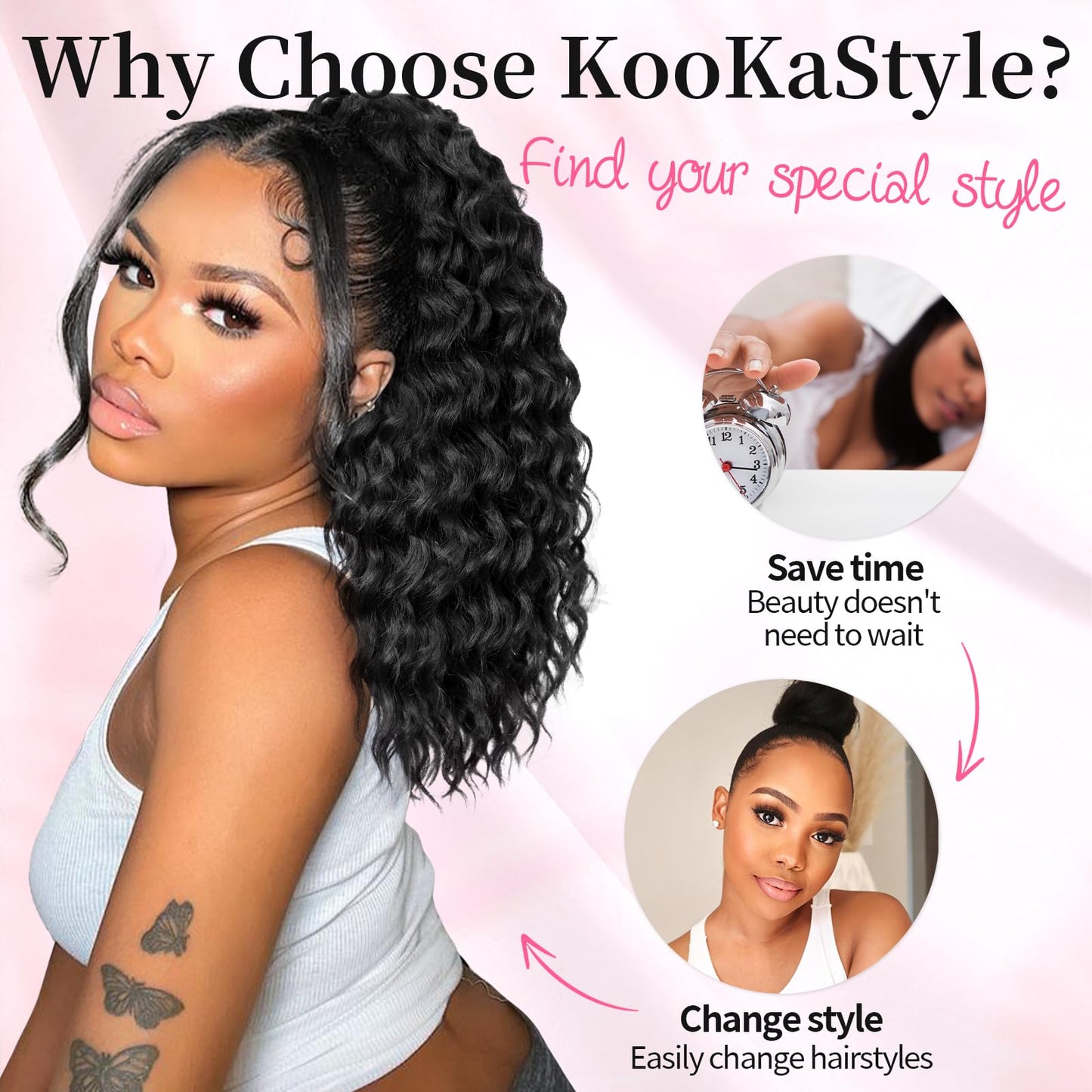 KooKaStyle Curly Ponytail Extension Fluffy Drawstring Ponytail Hair Extensions for Women Long Kinky Curly Wavy Pony Tail Synthetic Hairpiece for Daily Use(18Inch Natural Black Mixed Deep Orange)