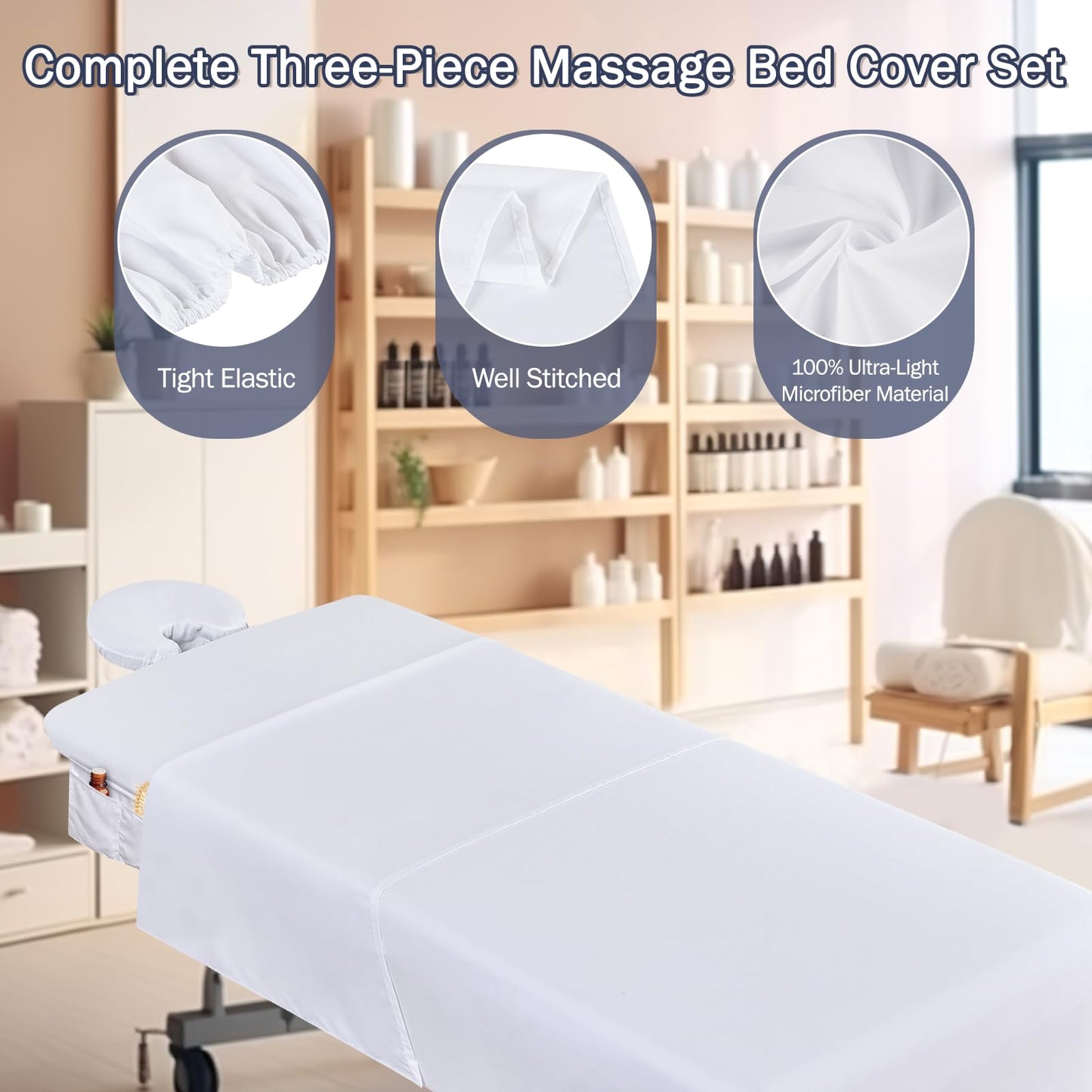 6 Sets Microfiber Massage Table Sheets Set, Massage Sheet Set with Storage Pocket Include Massage Table Cover, Massage Fitted Sheet, Massage Face Rest Cover for Beauty Salon Spa Hair Salon (White)