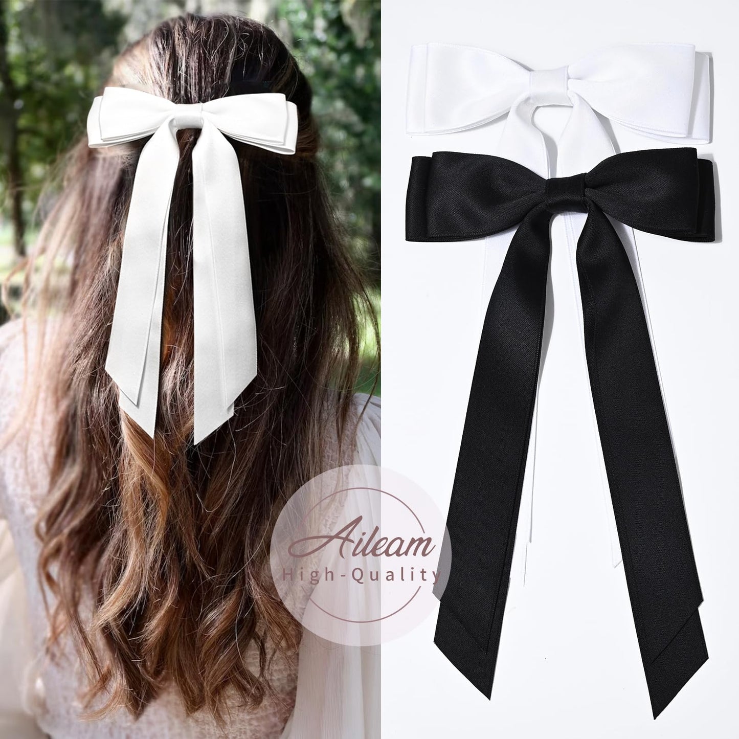 2PCS Silky Satin Hair Bows Hair Clip Black White Hair Ribbon Ponytail Holder Accessories Slides Metal Clips Hair Bow for Women Girls Toddlers Teens Kids