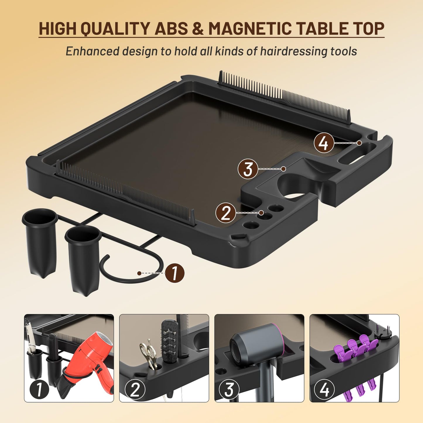 ABTSalon Magnetic Salon Tray on Wheels with All-Metal Frame Rolling Hairstylist Tray with Drawers Hair Stylist Tray with 2 Magnetic Mixing Bowls Salon Stations for Hair Stylist Tray