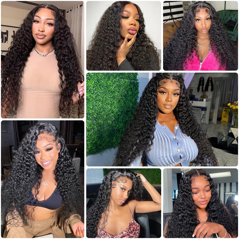 Pizazz 220% Density Glueless Deep Wave Human Hair Wigs for Black Women 13x4 HD Transparent Lace Front Wigs Human Hair With Baby Hair Natural Hairline Natural Color(24 Inch)