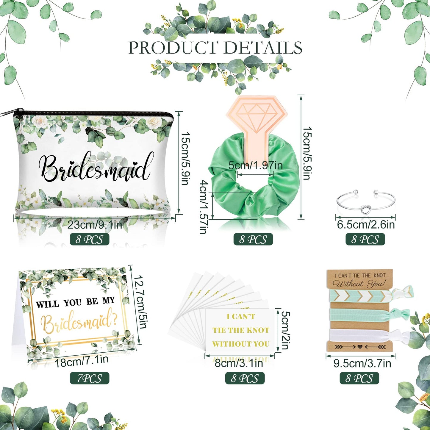 63 Pcs Bride Bridesmaid Proposal Gift Maid of Honor Gifts Matron of Honor Gifts Brides Bridesmaid Cosmetic Makeup Bag Hair Knotted Bracelets Invitation Cards for Wedding Bachelorette (Leaves Style)
