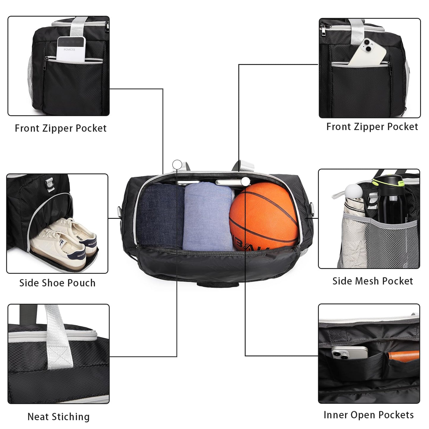Sports Gym Bag, Weekender Bag for Men Travel Duffel Bag with Wet Pocket Overnight Bag with Shoe Compartment Carry On Travel Bag Gym Duffle Bag Sports Bag-Black