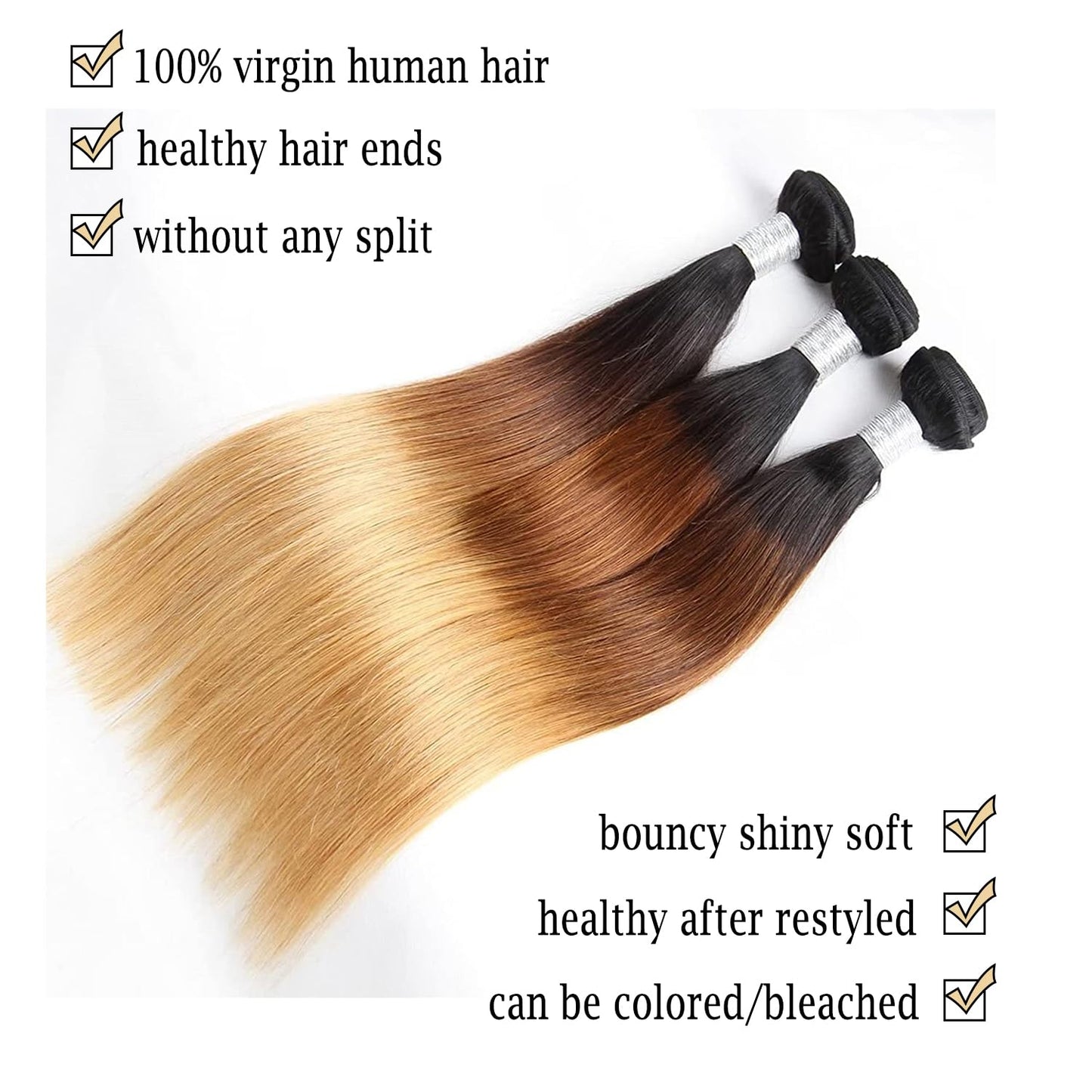 10A Ombre Hair Straight Hair 3 Bundles (121416+10) Human Hair Weaves Extensions 100% Virgin human hair straight bundles with 4X4 Lace Closure