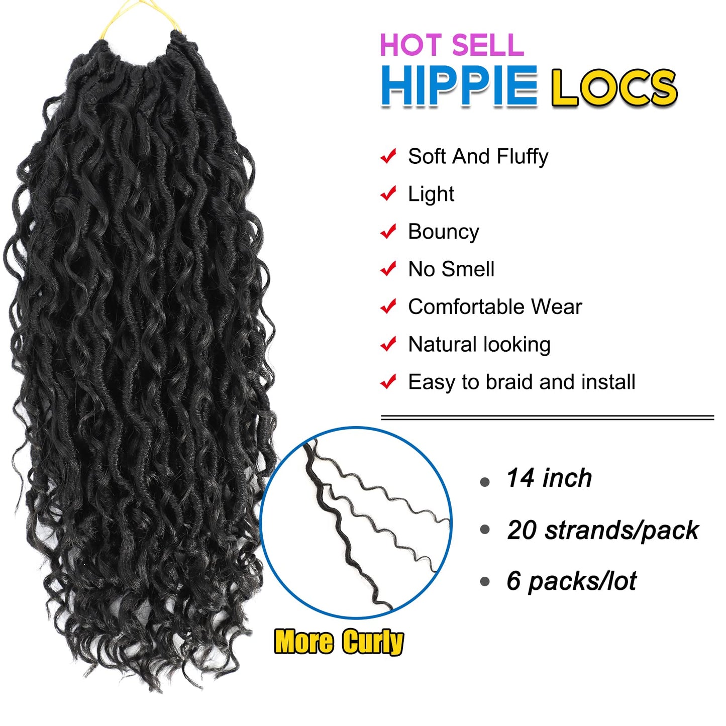 8 Packs Curly Faux Locs Crochet Hair, 14 Inch Goddess Locs Crochet Hair, Hippie Locs Braids Hair Extensions (14Inch, 8Packs, 1B)