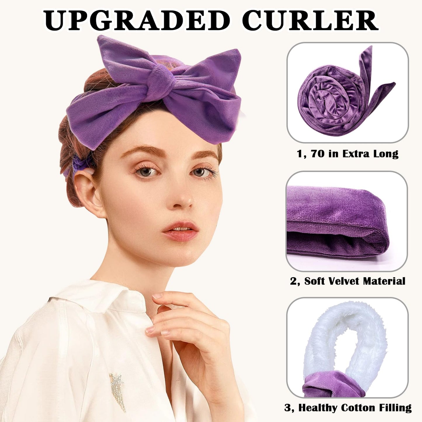Gwabee No Heat Overnight Curl Headband, 70" Soft Ribbon Wrap with 9 PCS Curling Rods and Yoga Strap - Purple