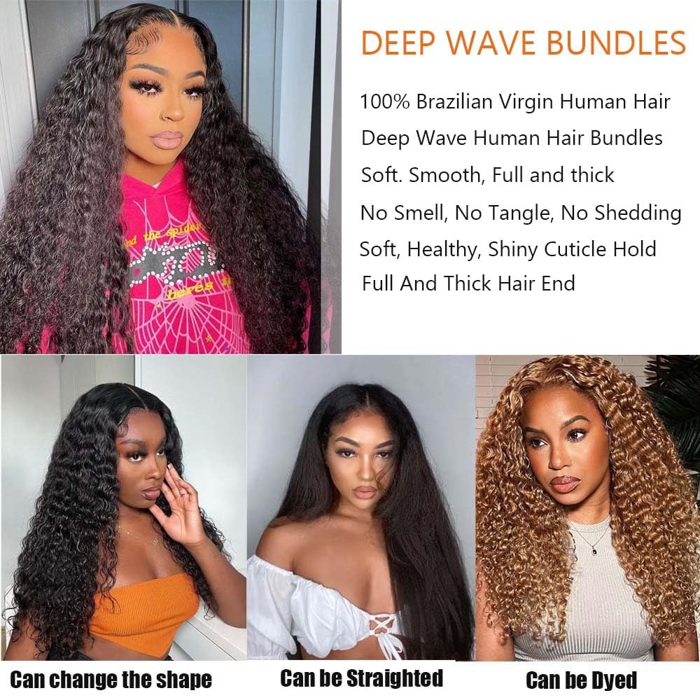 12A Deep Wave Human Hair Bundles Brazilian Bundles Human Hair Deep Wave 4 Bundles 100% Unprocessed Virgin Deep Wave Wet And Wavy Human Hair Weave Bundles Human Hair For Black Woman 12 14 16 18 Inch