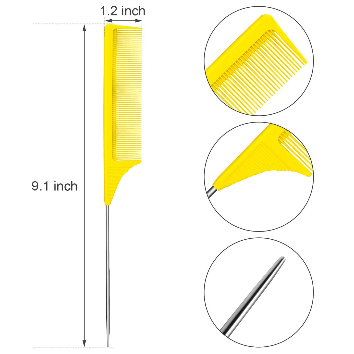3 Packs Rat Tail Comb Steel Pin Rat Tail Carbon Fiber Heat Resistant Teasing Combs with Stainless Steel Pintail (Yellow)