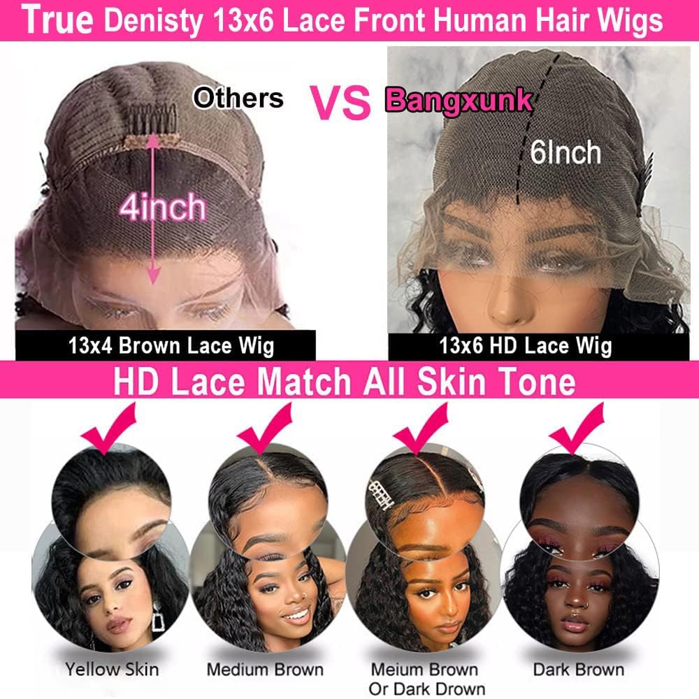 13x6 Deep Wave Lace Front Wigs Human Hair HD Lace Frontal Wigs Human Hair for Black Women Glueless Curly Lace Front Wig Pre Plucked with Baby Hair 150% Density (Natural Color, 20 inch)