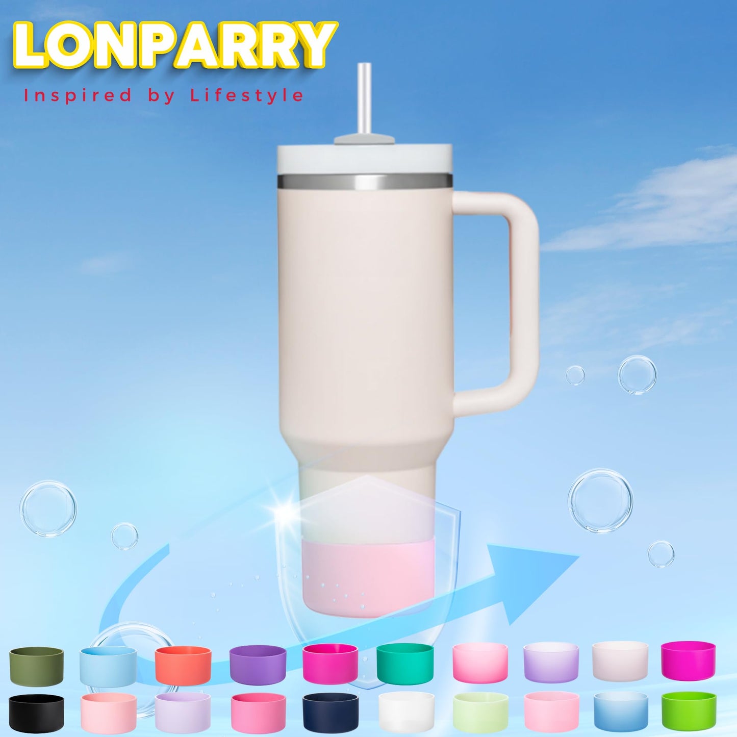 LONPARRY 4-Pack Silicone Boot for Stanley Cup Quencher IceFlow Rubber Bottom Sleeve Protector for Stanley Tumbler HydroFlask Car Travel Cup Bottle Bottom (Clear+Smoky Pink+Clear Peach+Clear Pink)