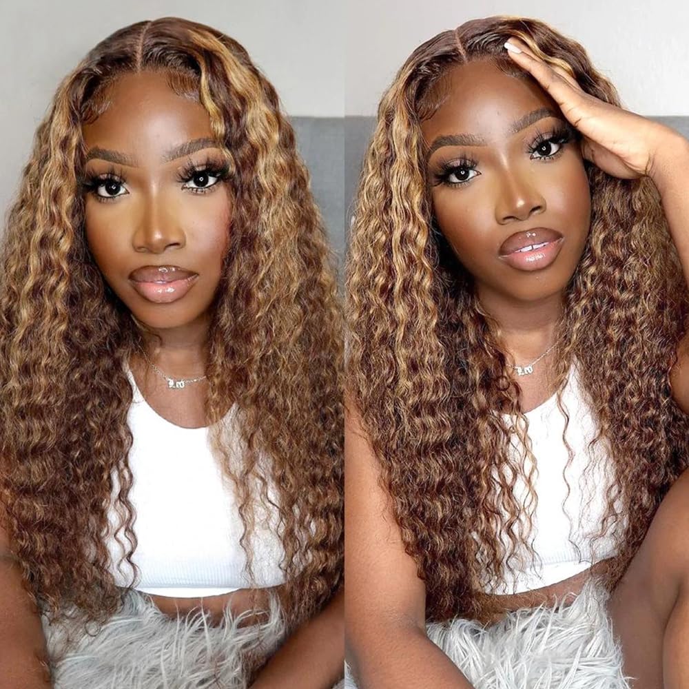 4/27 Highlight Honey Blonde Glueless Wigs Human Hair Pre Plucked Pre Cut 5x5 HD Lace Closure Ombre Wig Human Hair Curly Lace Front Wig Deep Wave Human Hair Wig Wear And Go Glueless Wig 24 inch