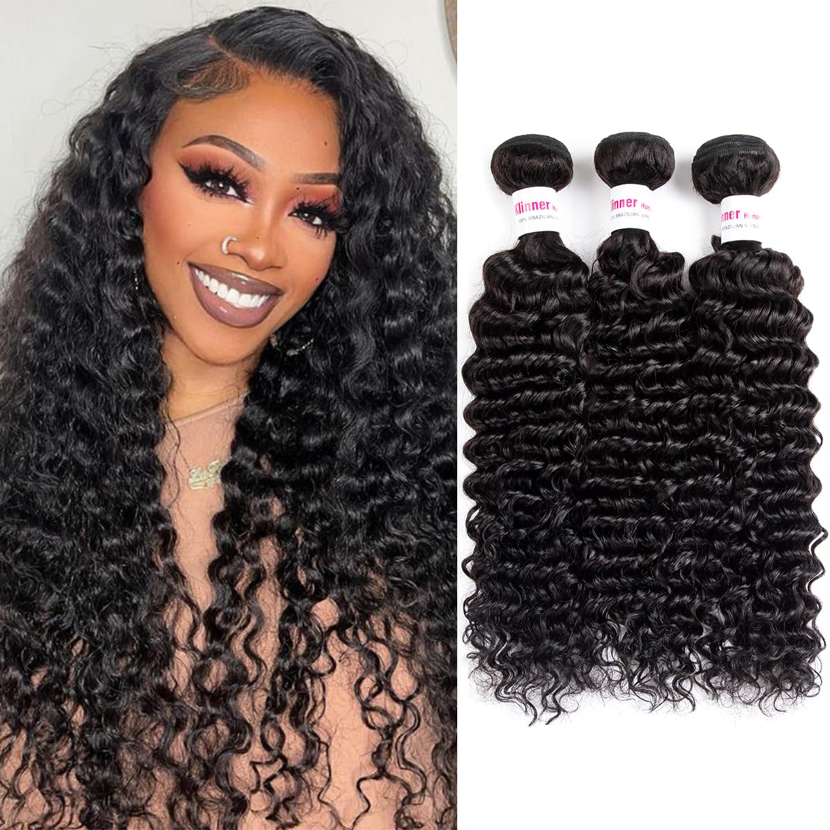 12A Deep Wave Human Hair Bundles 20 20 20Inch Curly Bundles Human Hair 100% Unprocessed Human Hair Bundles Deep Wave Weft Extensions Weave Natural Black 300g
