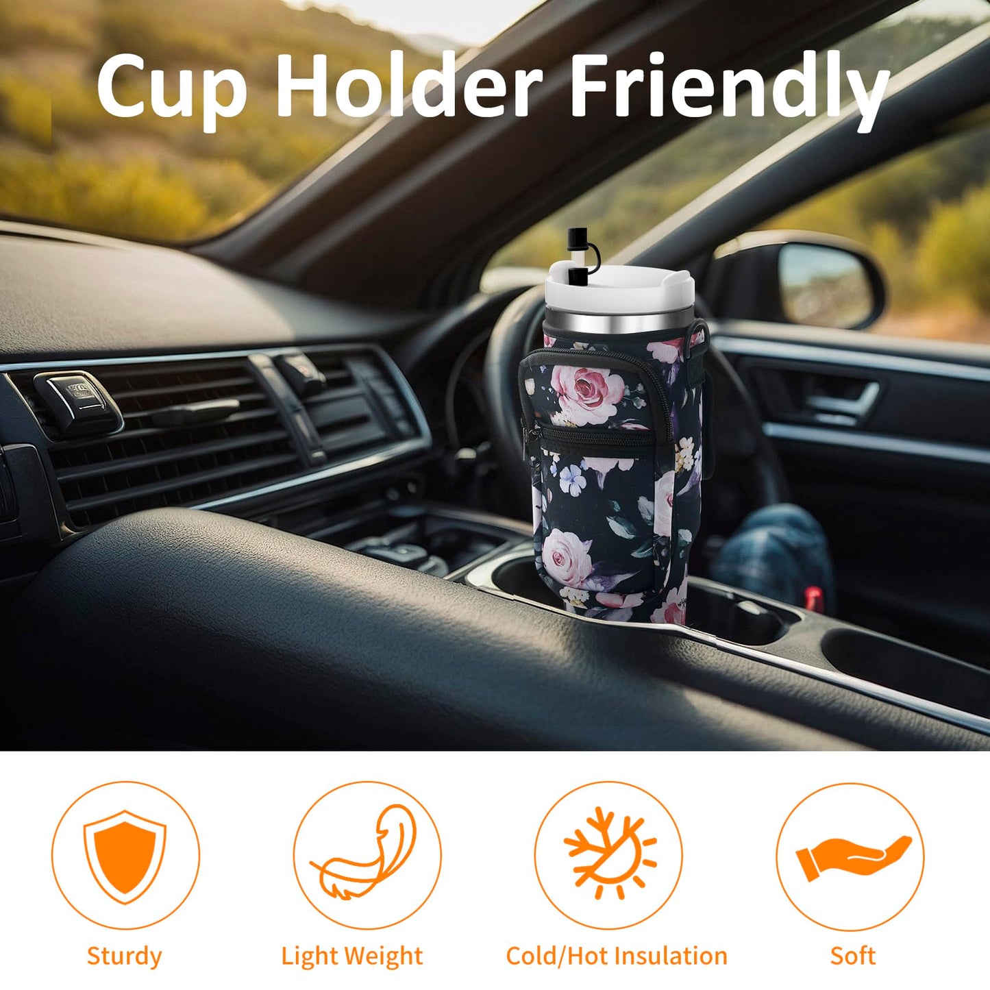 AceTreker 30/40 oz Stanley Cup Holder Bag with Phone Pocket, Neoprene Insulated Simple Modern Travel Mug Sleeve w/Paracord Handle & Straw Cover for Car Gym Walking-Wild Rose