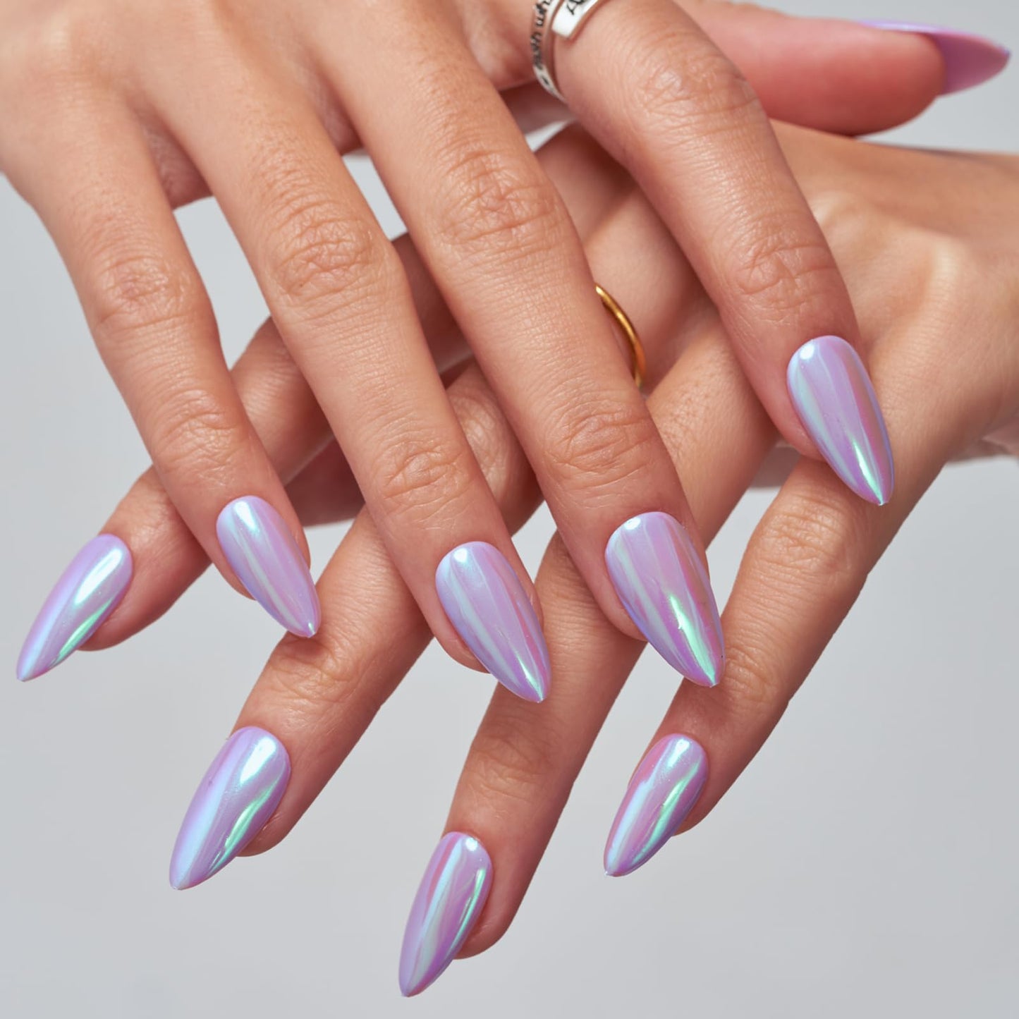 GLAMERMAID Metal Purple Press on Nails Medium Almond, Pure Chrome Glazed Mirror Jelly Soft Gel Fake Nails Stiletto, Glossy Glue on Nails Short Oval, Reusable Acrylic Stick on False Nails Kit for Women