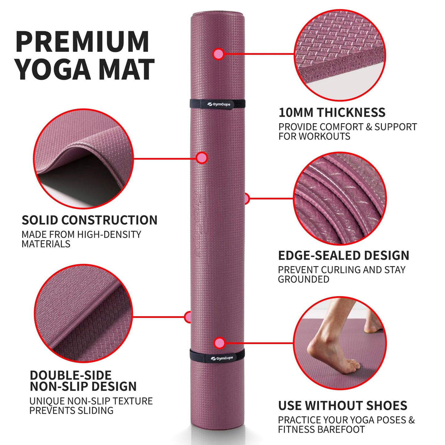GymCope 10MM Thick Yoga Mat, 72" x 48" Large Workout Mat for Home Gym, Edge-Seamed Design, Superior Grip, Shock-Absorbing Cushion, Ultimate Comfort and Protection for Yoga, Fitness Training