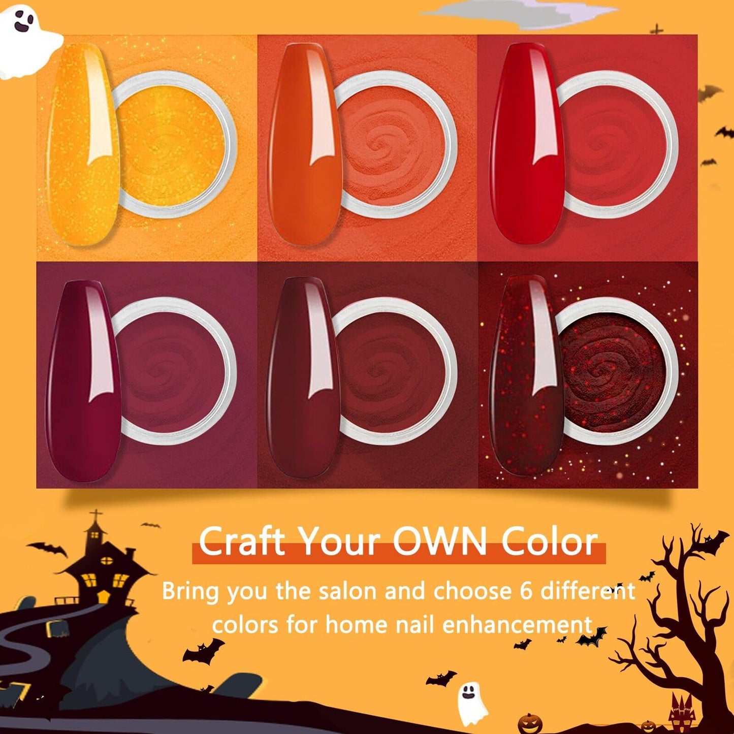 6 Colors Dip Powder Set, Red Orange Glitter Hallowen Dipping Powder Color Set, Glossy Nail Art Manicure DIY Salon Home Gift for Ladies (YYSDDPS-06-6pcs)