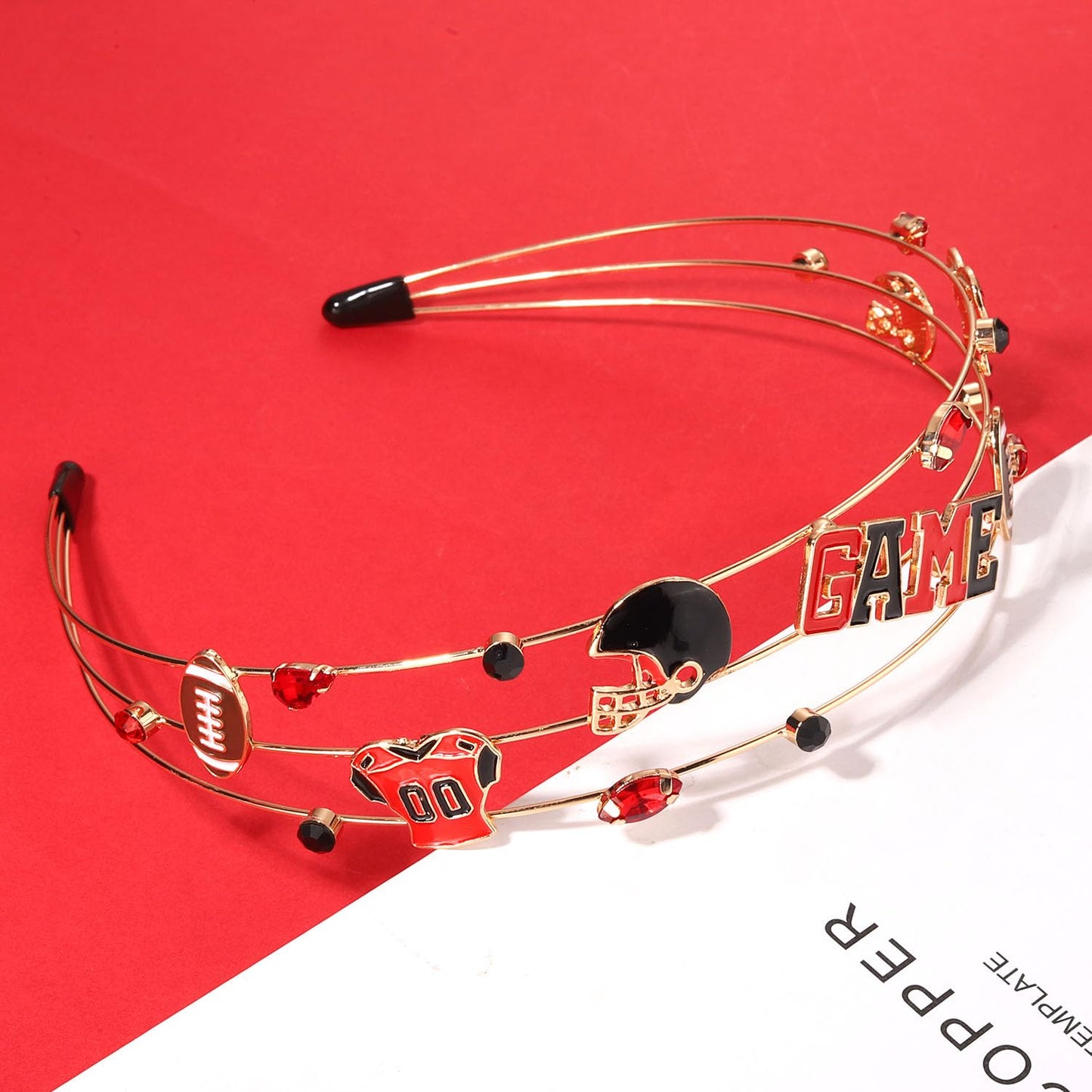 mokkia Football Headband for Women - Red Black Jeweled Rhinestone Sports Team Accessory, Holiday Gift (Game Day 1)