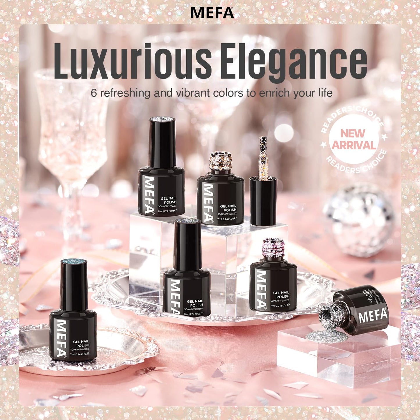 MEFA Glitter Nail Polish Set 6 Colors, Chrome Platinum Sparkly Shiny Black Silver Pink Champagne Turquoises Gel Polish Kit Soak Off Nail Art Design at Home DIY Manicure Kit Gifts for Women