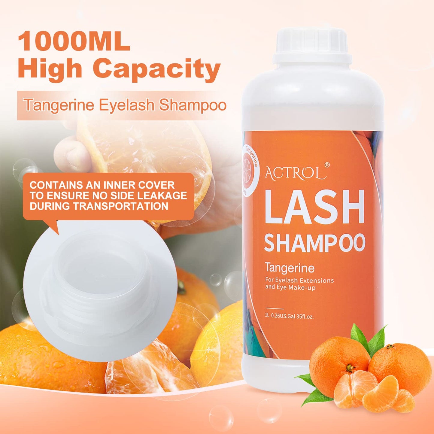 ACTROL Eyelash Extension Cleanser Tangerines 1L Natural Lash Extension Shampoo Professional Eyelid Foaming Cleanser Paraben & Sulfate Free Non-lrritating with Salon and Home Care