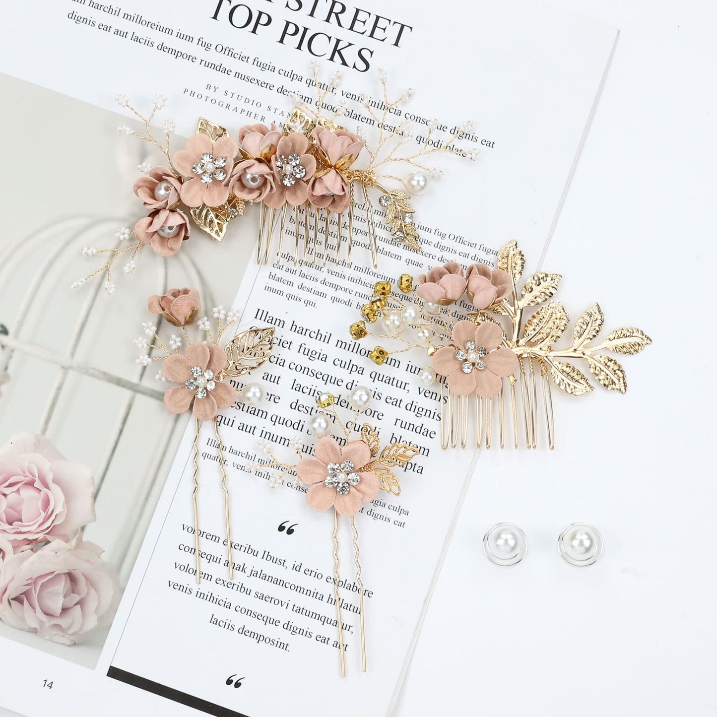 inSowni 20 Pack White Dusty Pink Blue Flower Bridal Wedding Hair Side Combs+Flower Hair Pins+Twist Spiral Pearl Hair Pins Floral Hair Pieces Headpieces Accessories for Brides Bridesmaids Women Girls