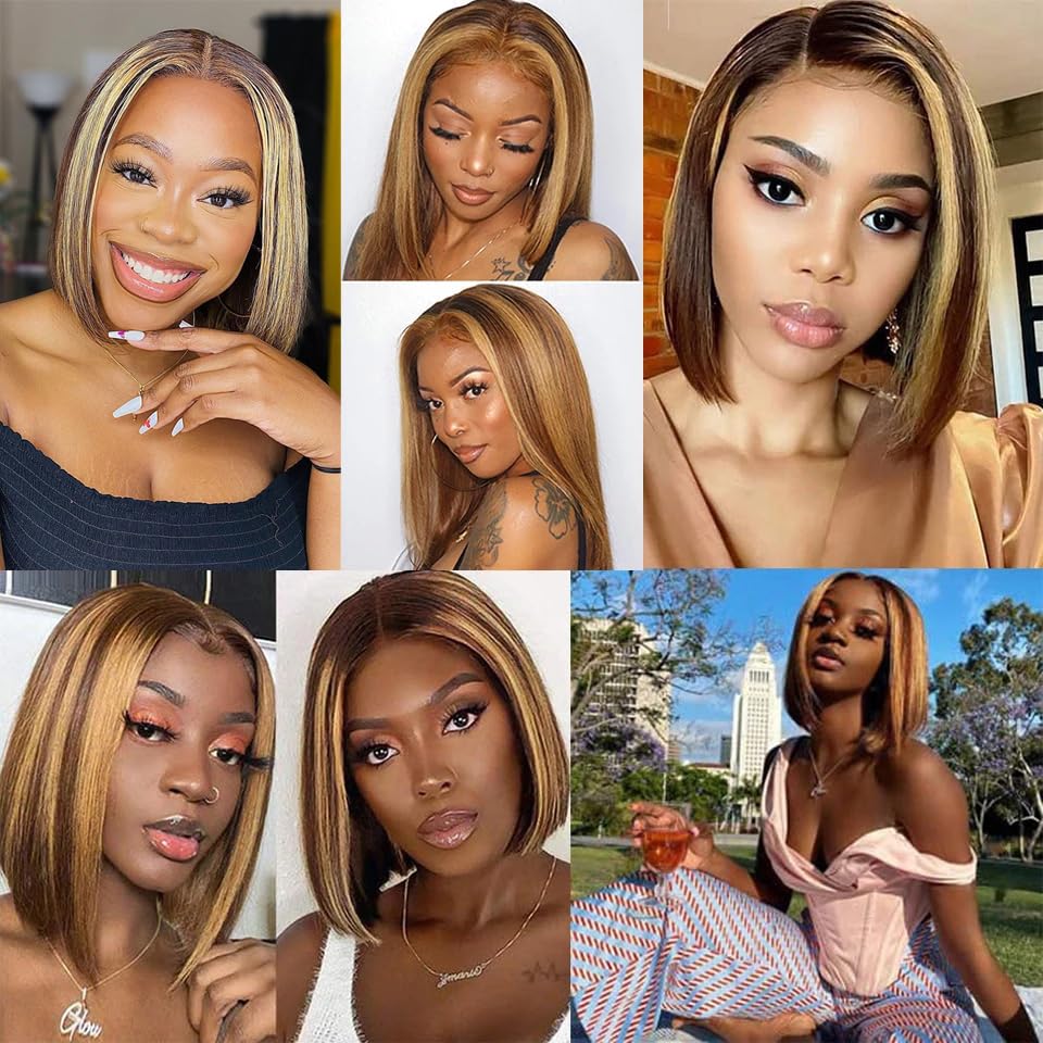 # 4/27 Ombre Honey Blonde Bob wig Highlight Lace Front Human Hair 13x4 HD Lace Front Bob Wigs Human Hair Straight Frontal Bob Wigs Glueless Wigs Human Hair Pre Plucked 180% Density Wigs 16 Inch