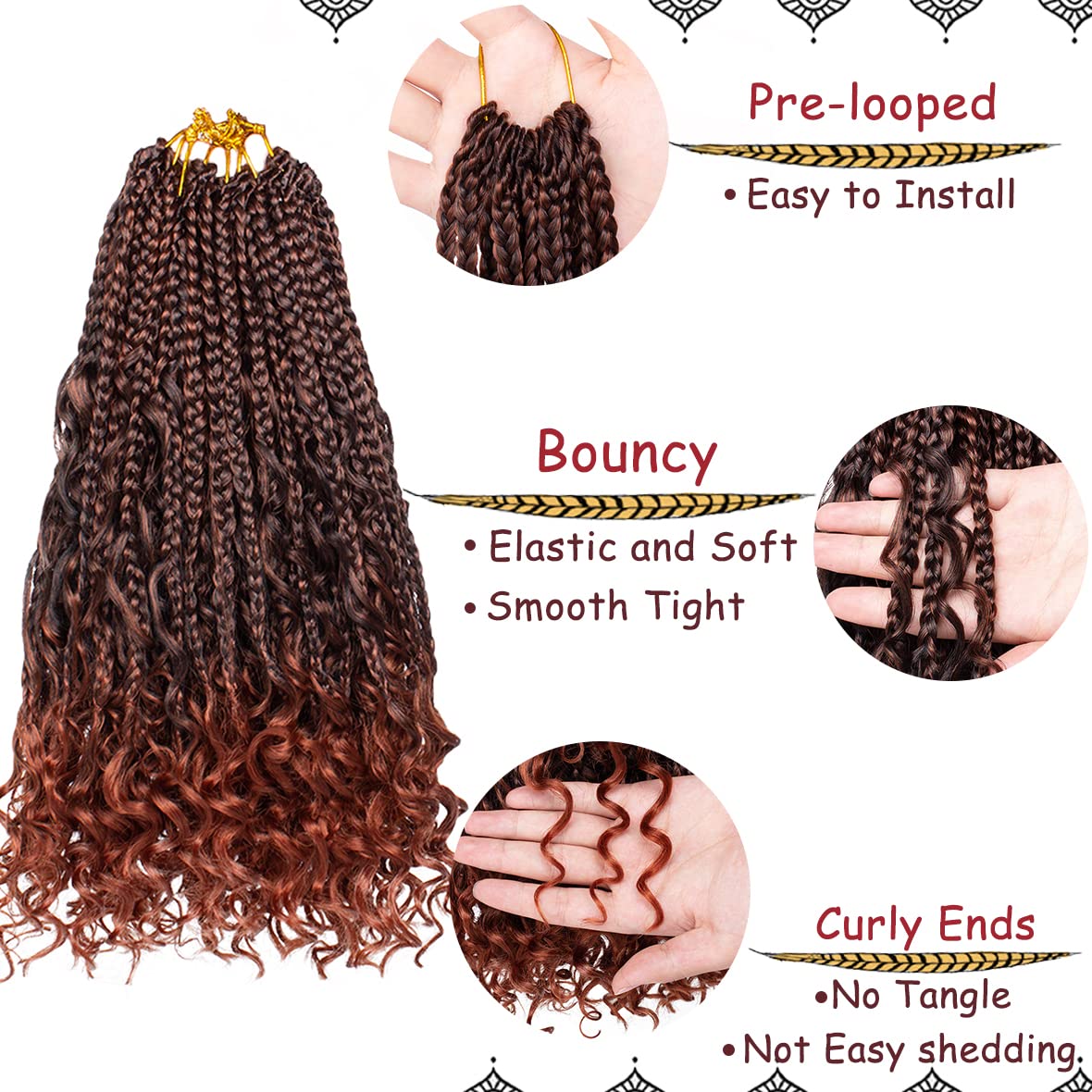 Beverlee 14 Inch Boho Box Braids - 8 Packs Goddess Braids with Curly Ends - Pre-looped Synthetic Crochet Hair for Black Women - 128 Strands