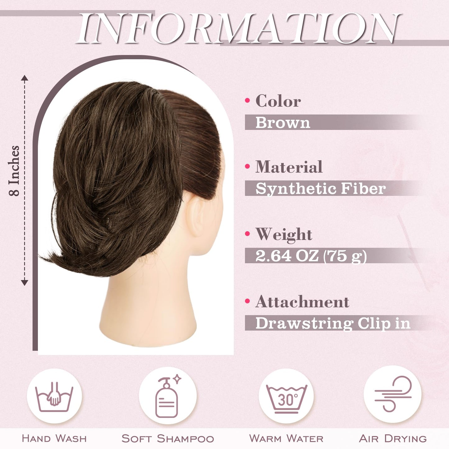 BARSDAR Drawstring Hair Bun Extensions - Straight Brown Hair Bun Extensions for Women - Short Straight Ponytail Hair Bun Synthetic Hair Bun Scrunchies Hairpieces Daily Party - Brown