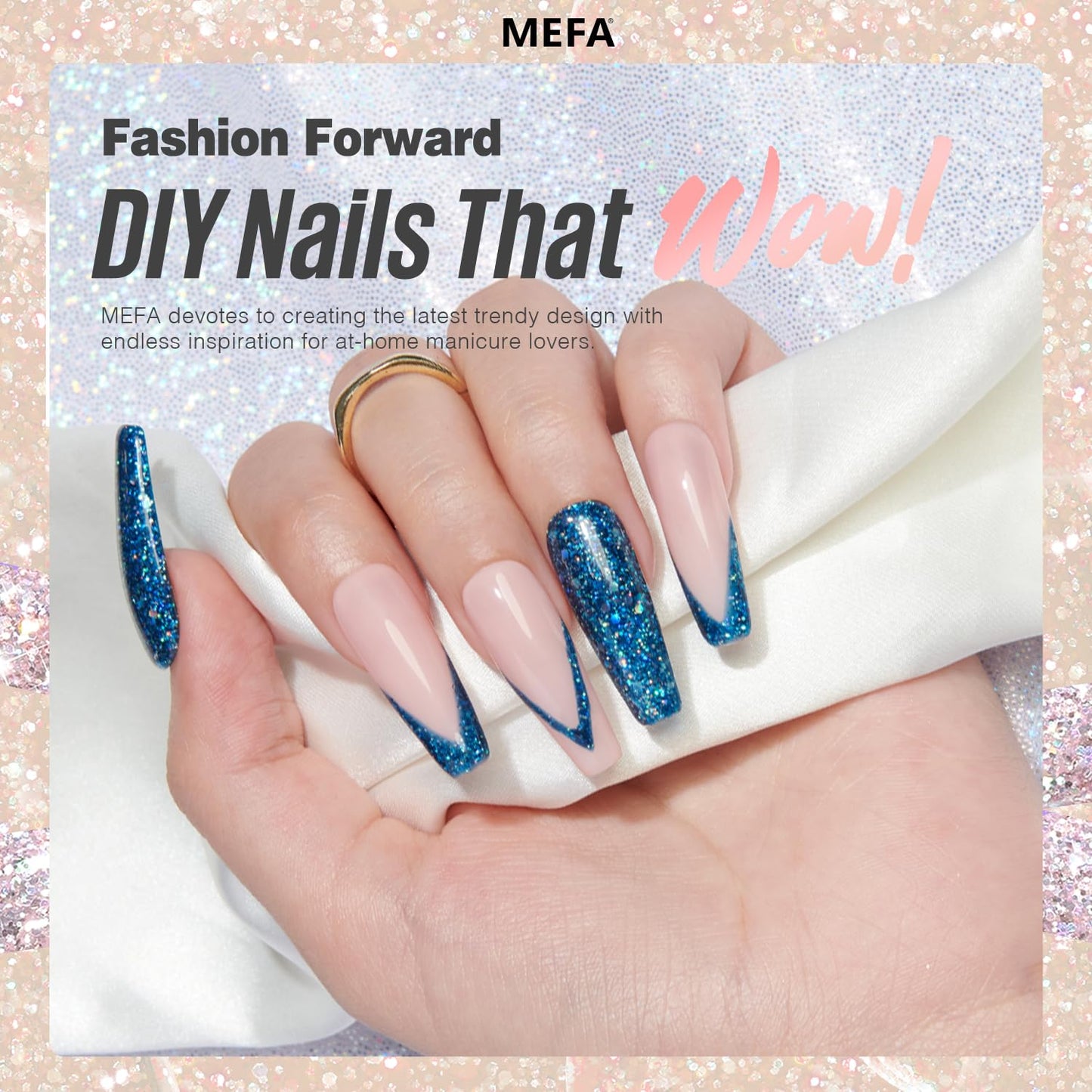 MEFA Glitter Nail Polish Set 6 Colors, Chrome Platinum Sparkly Shiny Black Silver Pink Champagne Turquoises Gel Polish Kit Soak Off Nail Art Design at Home DIY Manicure Kit Gifts for Women