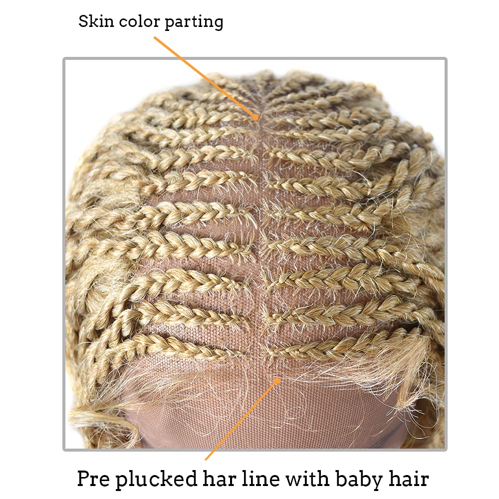5.5X3.5 Swiss Lace Front Lightweight Twist Braids Wigs Micro Cornrow Half Box Heat Friendly African Hair Natural Look with Baby Hair Hand-made Braided for Black Women 31" (#27/613M Blonde)