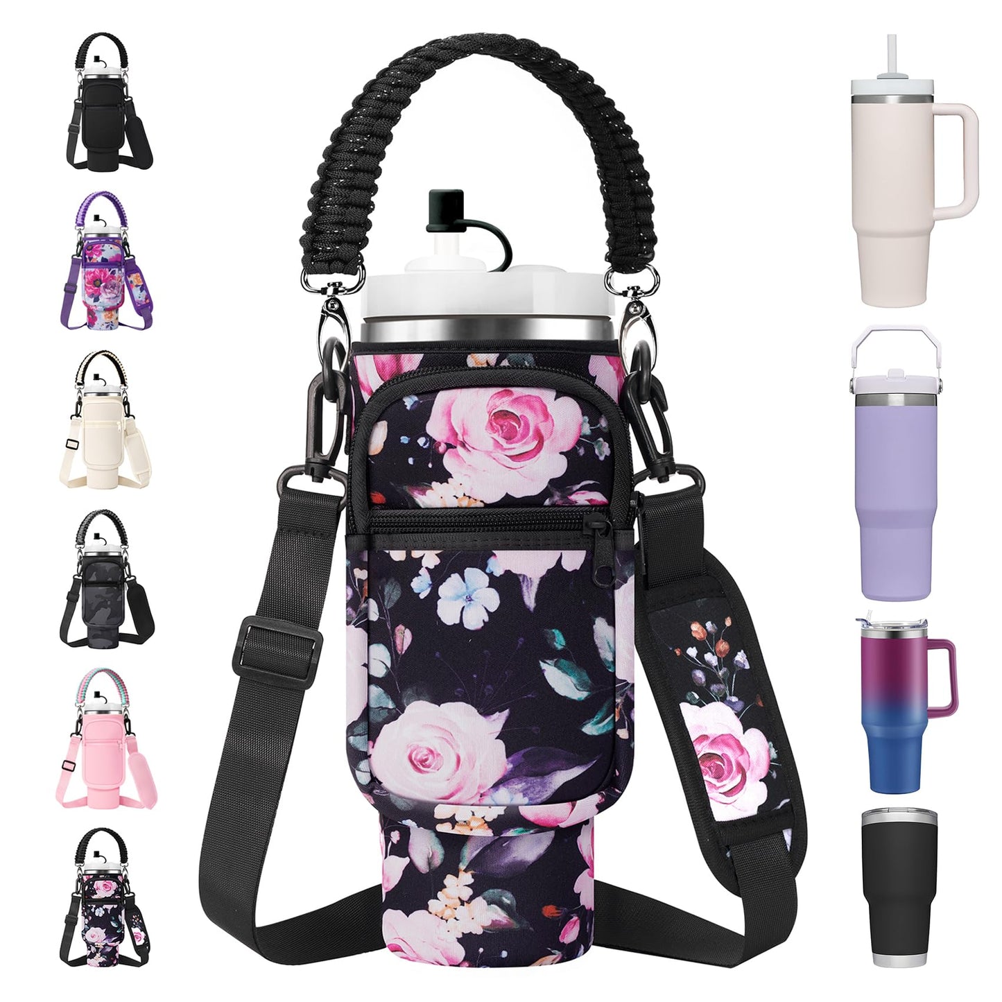 Water Bottle Carrier Bag with Paracord Handle for Stanley 30 oz Tumbler Neoprene Insulated Mug Sleeve Sling with 2 Pockets & Adjustable Strap & Straw Cap for Stanley Cup Accessories-Black Flower