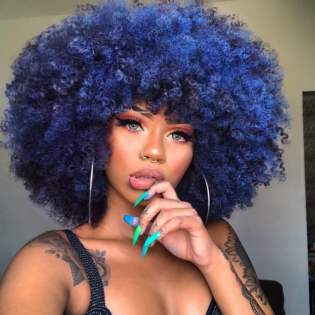 HIHOO Short Afro Wig with Bangs for Black Women Afro Kinky Curly Wig 70s Premium Synthetic Big Afro Wig(Blue)