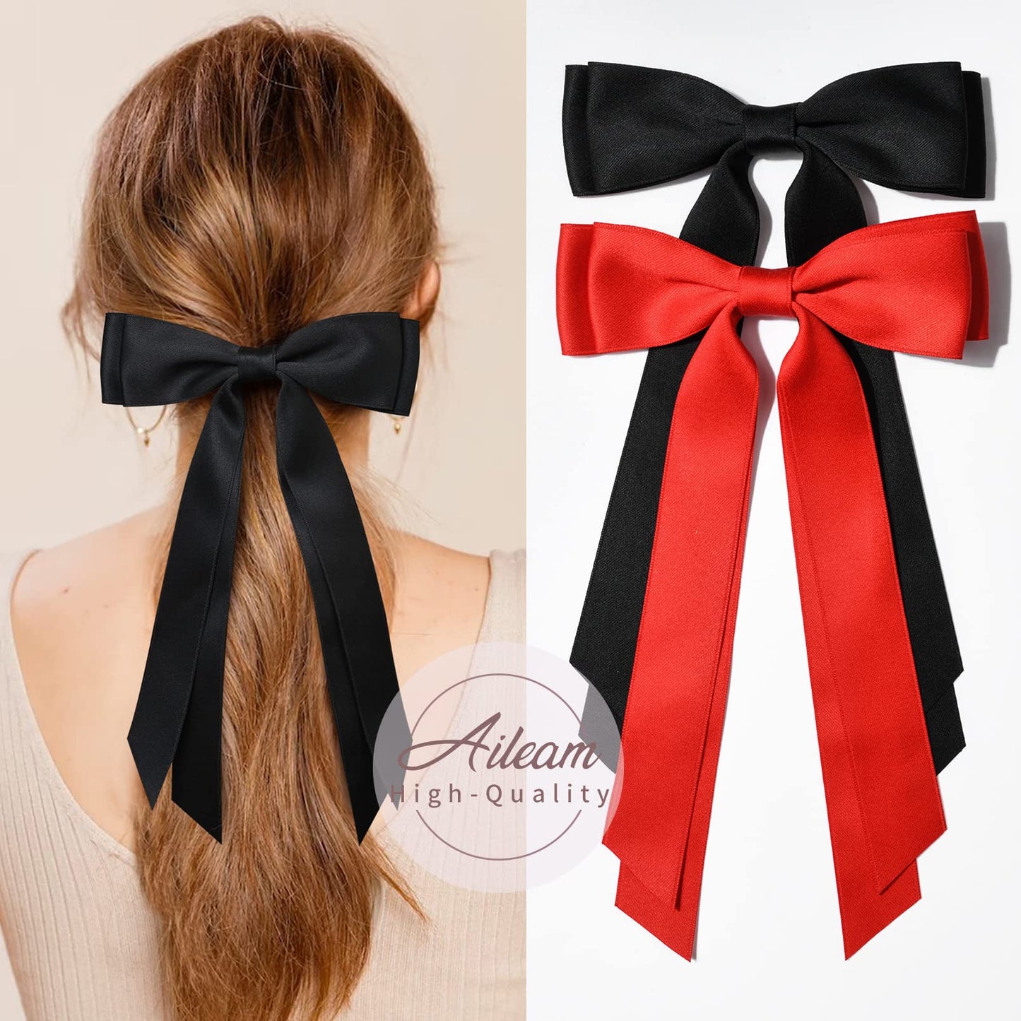 2PCS Silky Satin Hair Bows Hair Clip Black Red Hair Ribbon Ponytail Holder Accessories Slides Metal Clips Hair Bow for Women Girls Toddlers Teens Kids