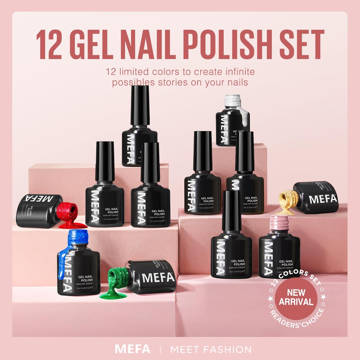 MEFA Glitter Gel Nail Polish Set, 12 Colors Burgundy Red Dark Green Glitter Gel Polish Silver Gold Sparkle Nail Polish Manicure All Seasons Soak Off DIY Salon Gifts for Women