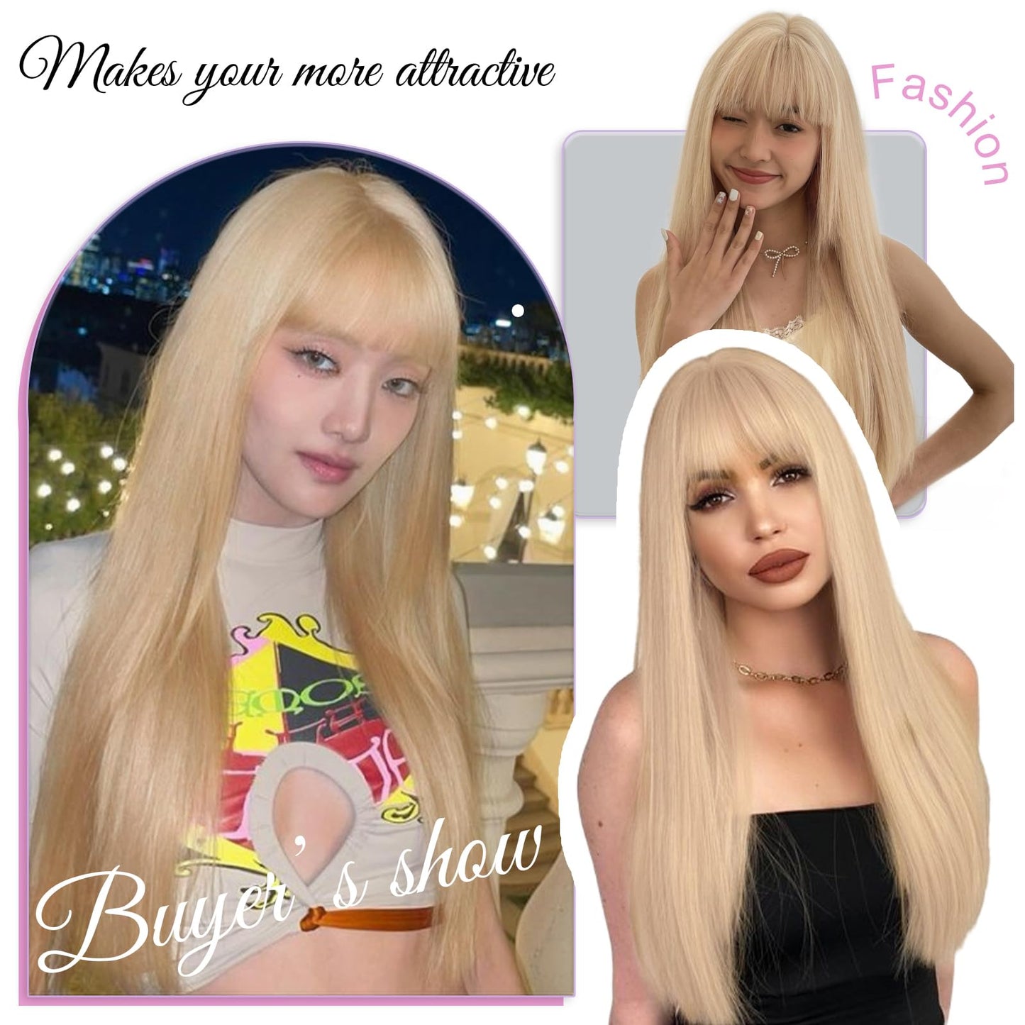 Getshow Light Blonde Wigs for Women Straight Long Wig with Bangs Natural Synthetic Hair