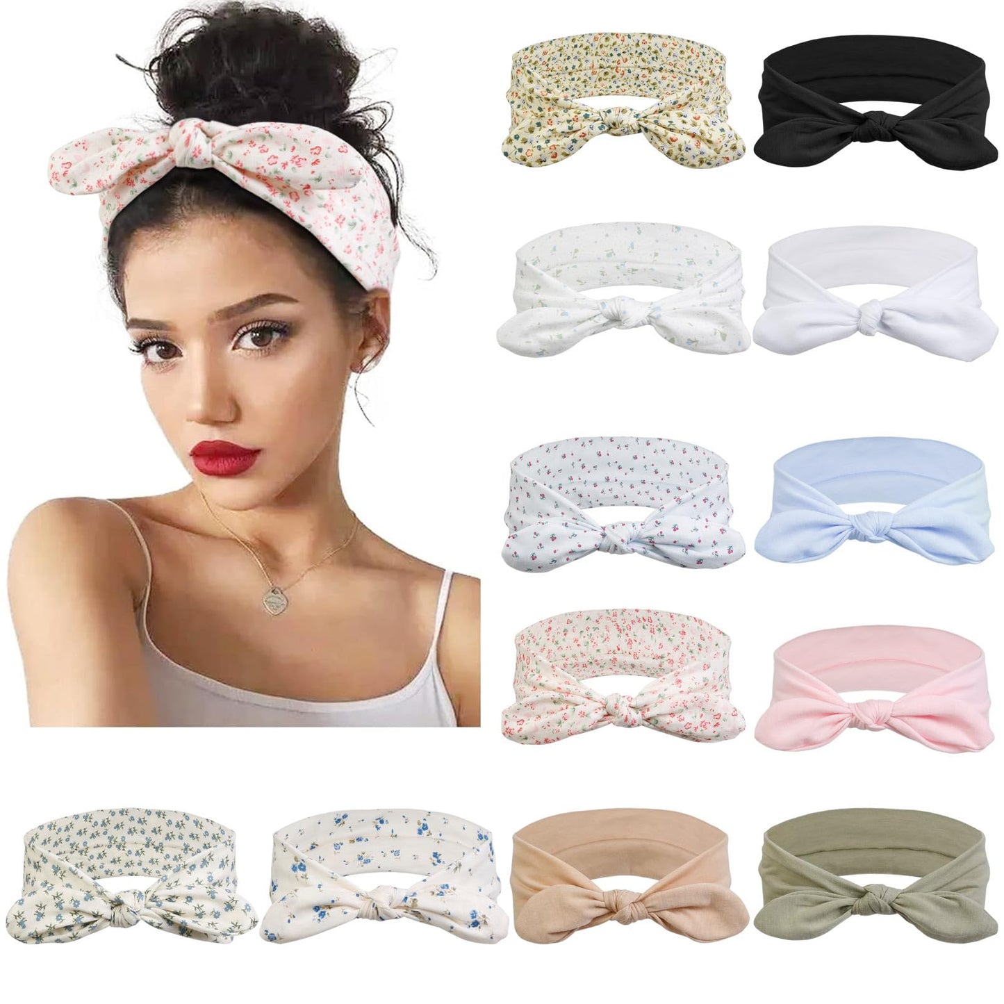 12 Pack Wild Floral Bow Headbands for Women Elastic Headwraps Hair Band Yoga Running Sports Knotted Headband Stretchy Rabbit Ears Turban Fashion Sport Cute Hair Accessories(2024 NEW)