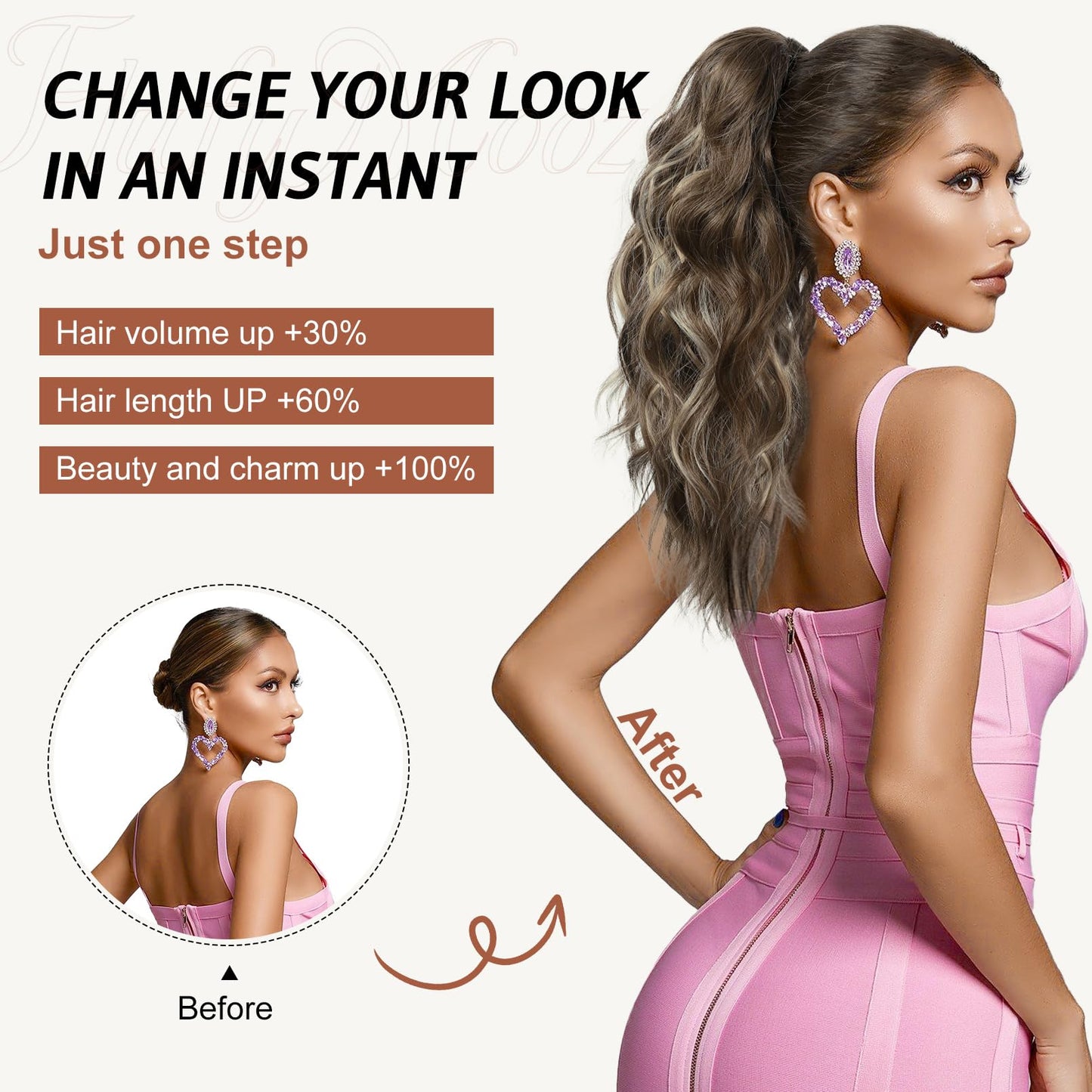 FLUFYMOOZ Ponytail Extension, 18 Inch Claw Clip Ponytail Extension, Wavy Curly Claw Clip in Ponytail Hair Extensions, Natural Fake Ponytail Synthetic Hairpiece for Women (Cool Brown with Blonde Highlights)