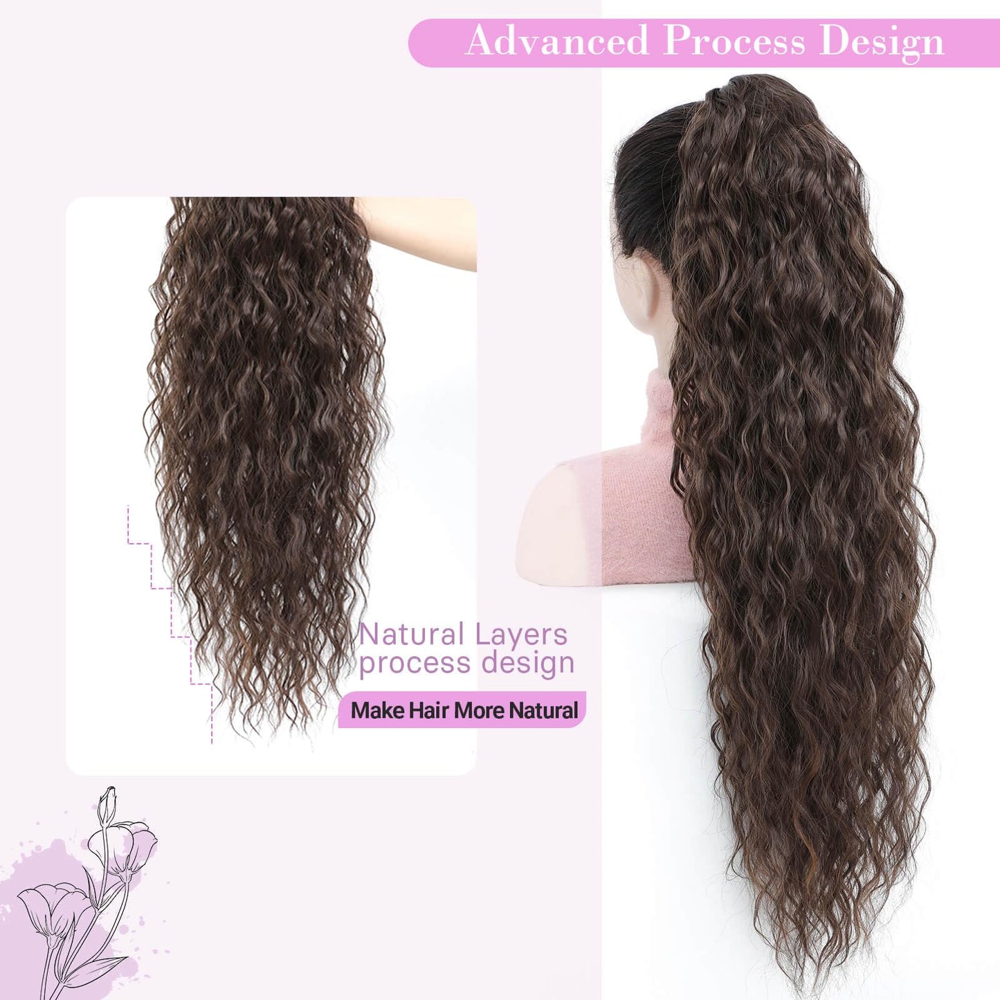 MARJORIE Ponytail Extension,30" Long Curly Claw Pony Tails Hair Extensions Chocolate Brown Fake Ponytail Fluffy Ponytail Extension Multi-layered Design Wavy Synthetic Ponytail Hairpiece for Women