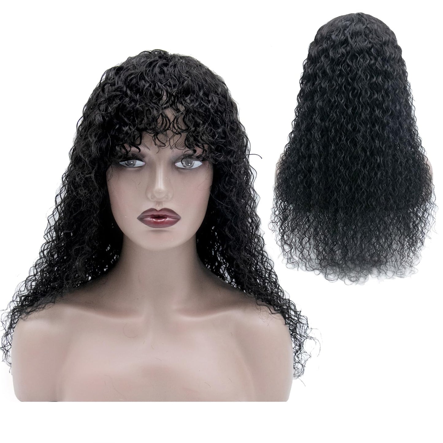 22 Inch Curly Human Hair Wigs with Bangs 150% Density Machine Made Virgin Curly Human Hair Wig Scalp Base None Lace Front Water Wave Wigs for Black Women Glueless Natural Hair Wig(1B#)