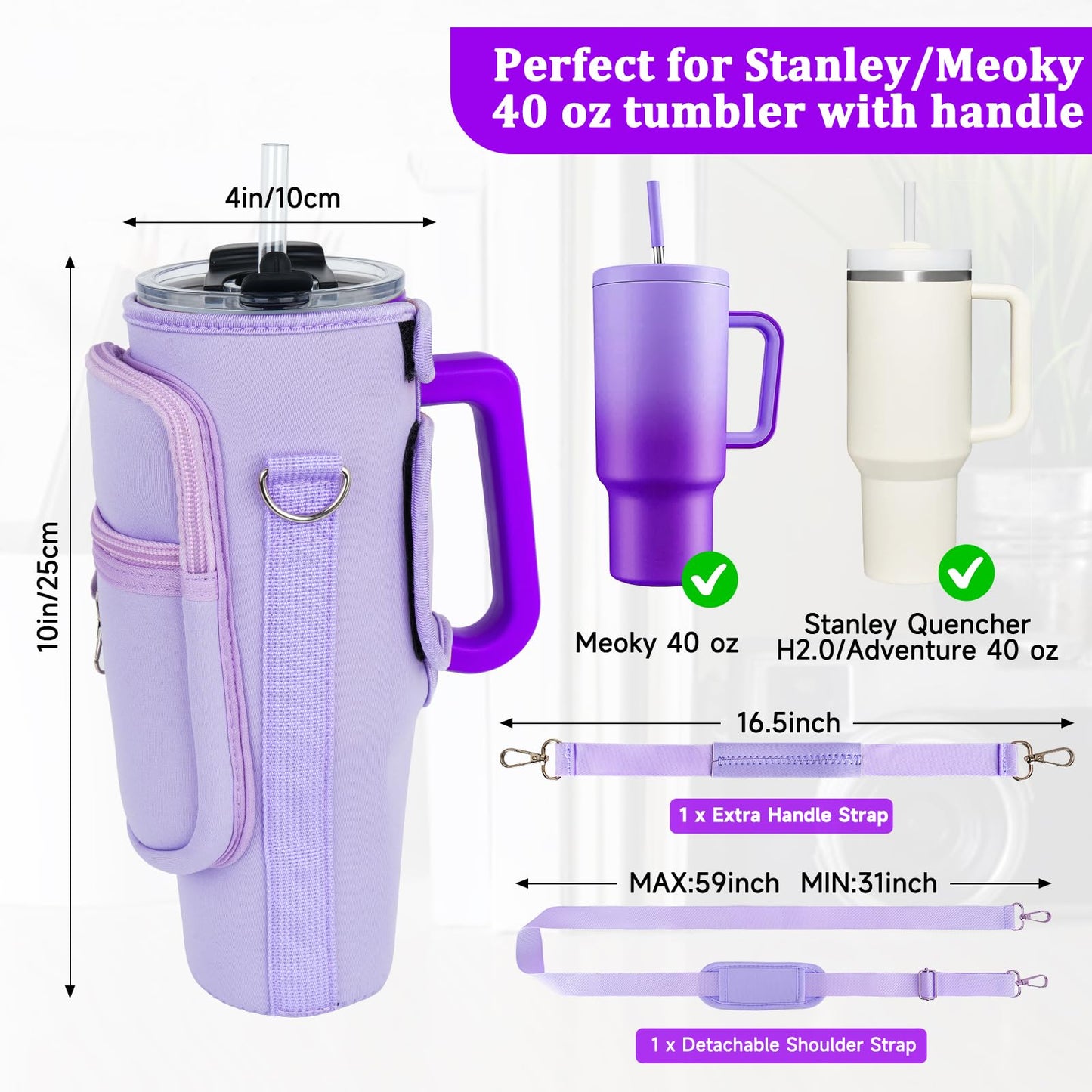 Water Bottle Carrier Bag with Phone Pocket Compatible with Stanley/Meoky 40 oz Tumbler with Handle,Neoprene Water Bottle Holder Pouch with Adjustable Strap Compatible with Stanley Cup Accessories