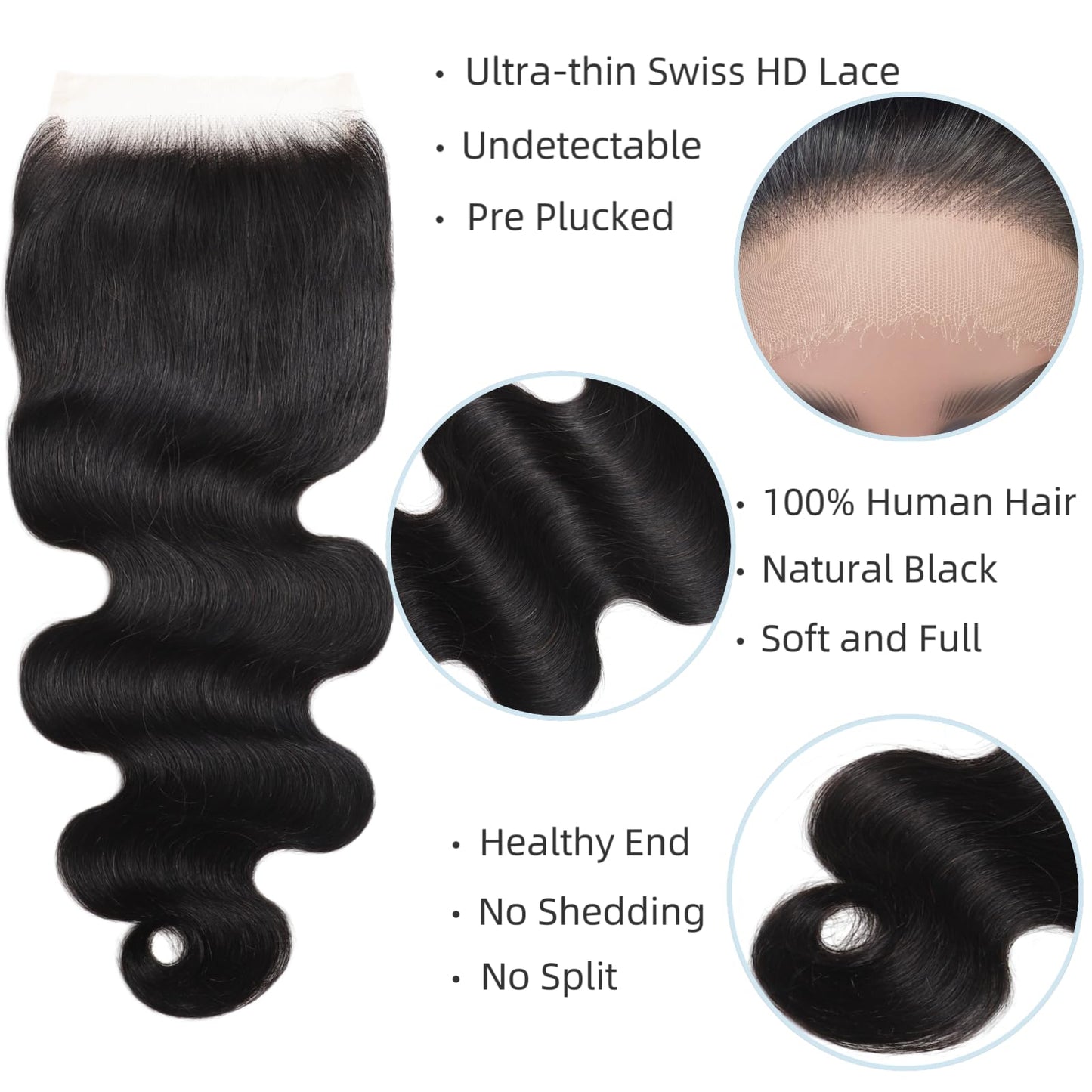 5x5 SKINLIKE 100% Real HD Lace Closure Body Wave Human Hair Closure 0.095mm Ultra-thin Invisible Swiss HD Lace Closure Pre Plucked Small Single Knots Brazilian Virgin Human Hair Lace Closure 20inch
