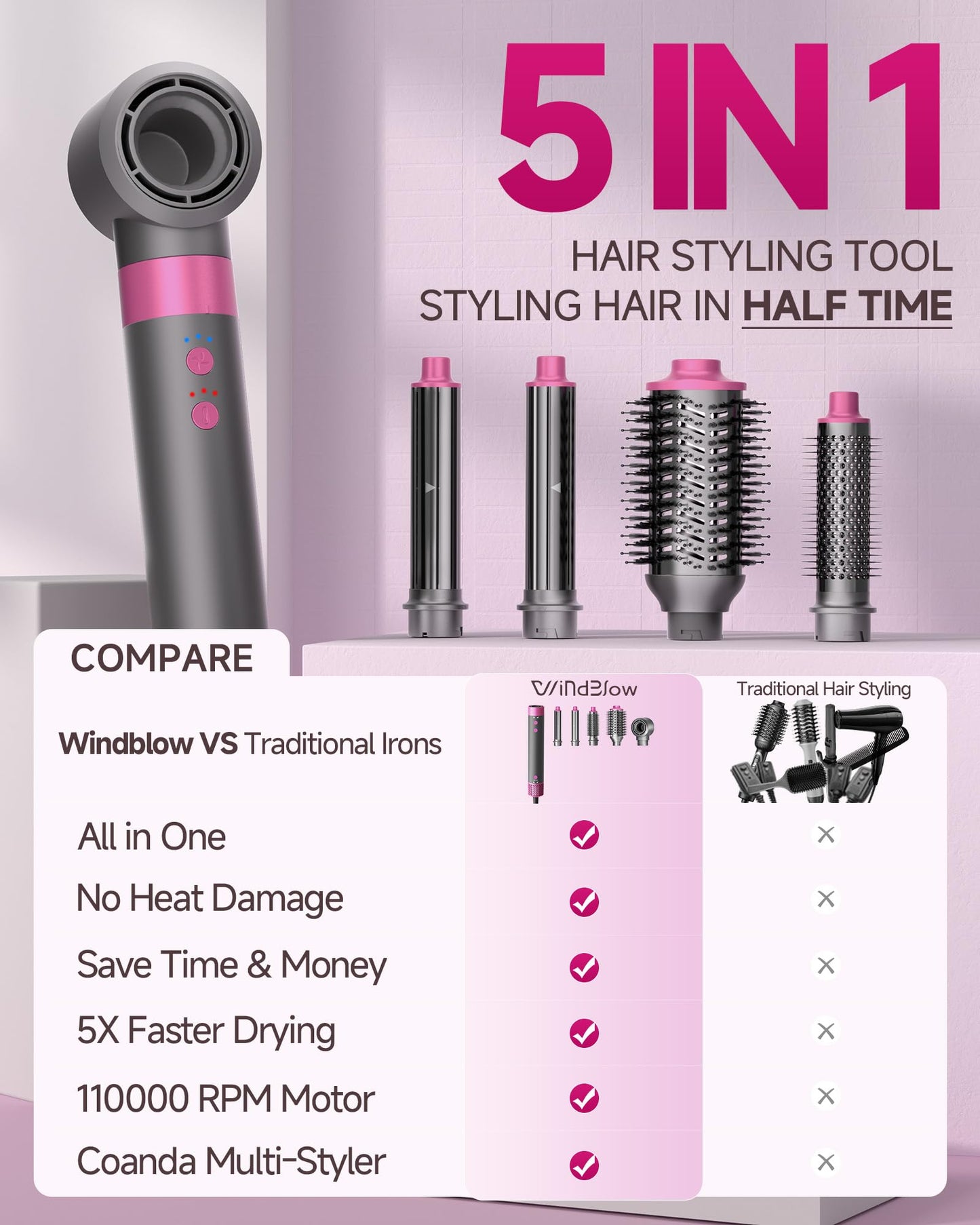 5 in 1 Hair Dryer Brush WindBlow Magic Styler, 110,000 RPM High-Speed Turbo Blow Dryer Brush, Professional 500 Million Negative Ionic Hair Dryer, for Curling Volumizing Air Styling
