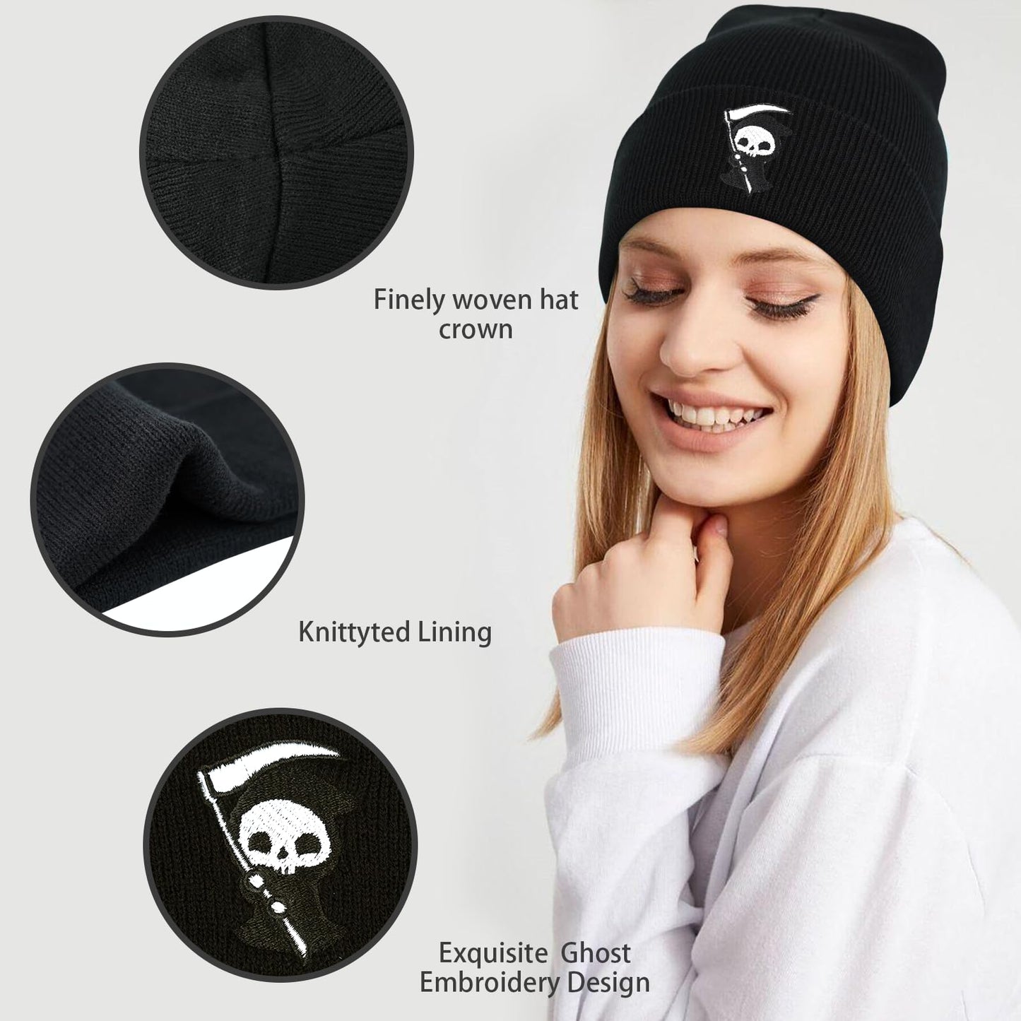gswirmchsq Ghost Beanie Hat Black, Cute Funny Goth Embroidery Winter Knit Skull Cap for Adult Men Women
