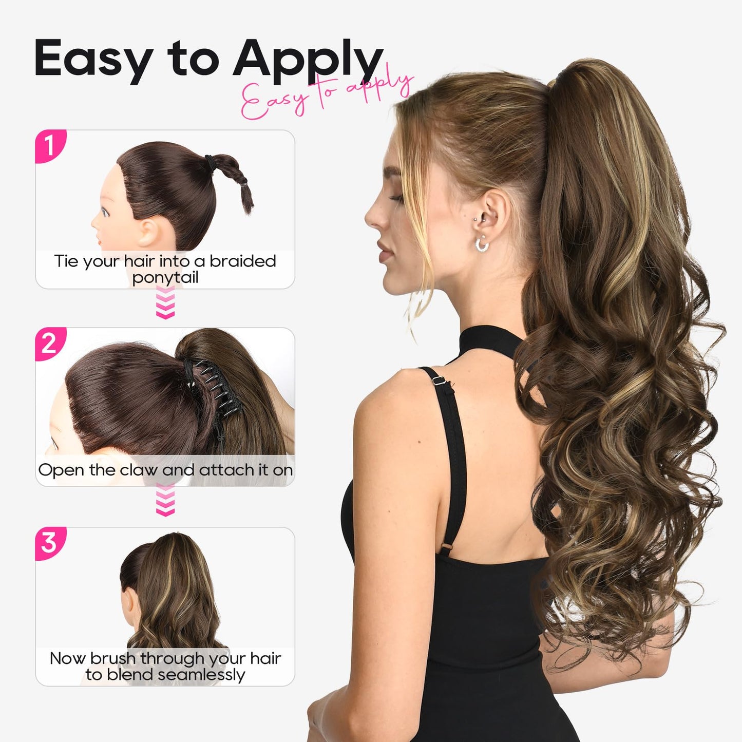 REECHO Ponytail Extension, 24" Claw Clip in Ponytail Extension Long Curly Wavy Ponytail Hair Extension Jaw Clip on Pony Tails Hairpiece for Women - Black Brown
